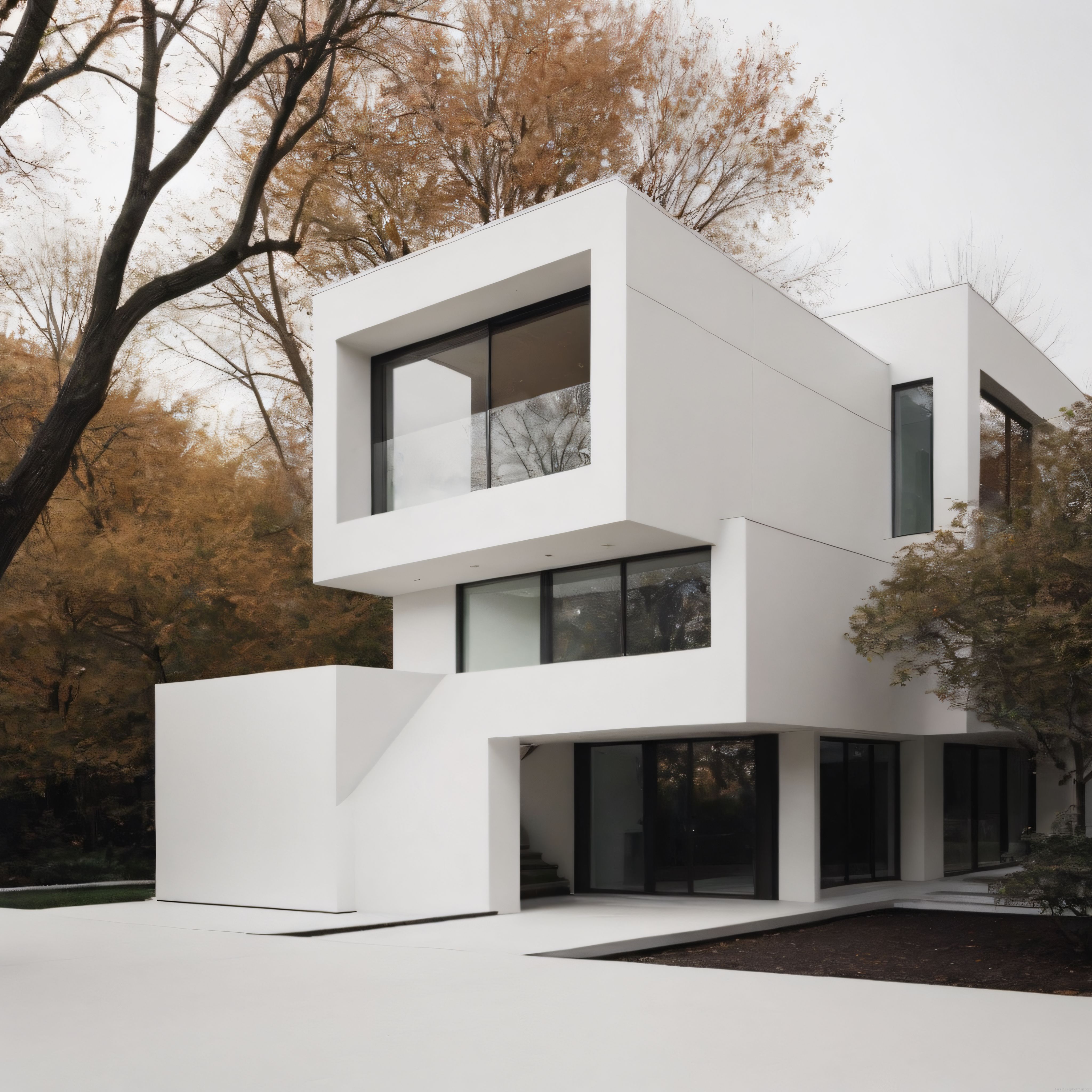 Sonbaharın İçinde Gömülü Beyaz Minimalist Kübik Villa Tasarımı Sonbaharın İçinde Gömülü Beyaz Minimalist Kübik Villa Tasarımı