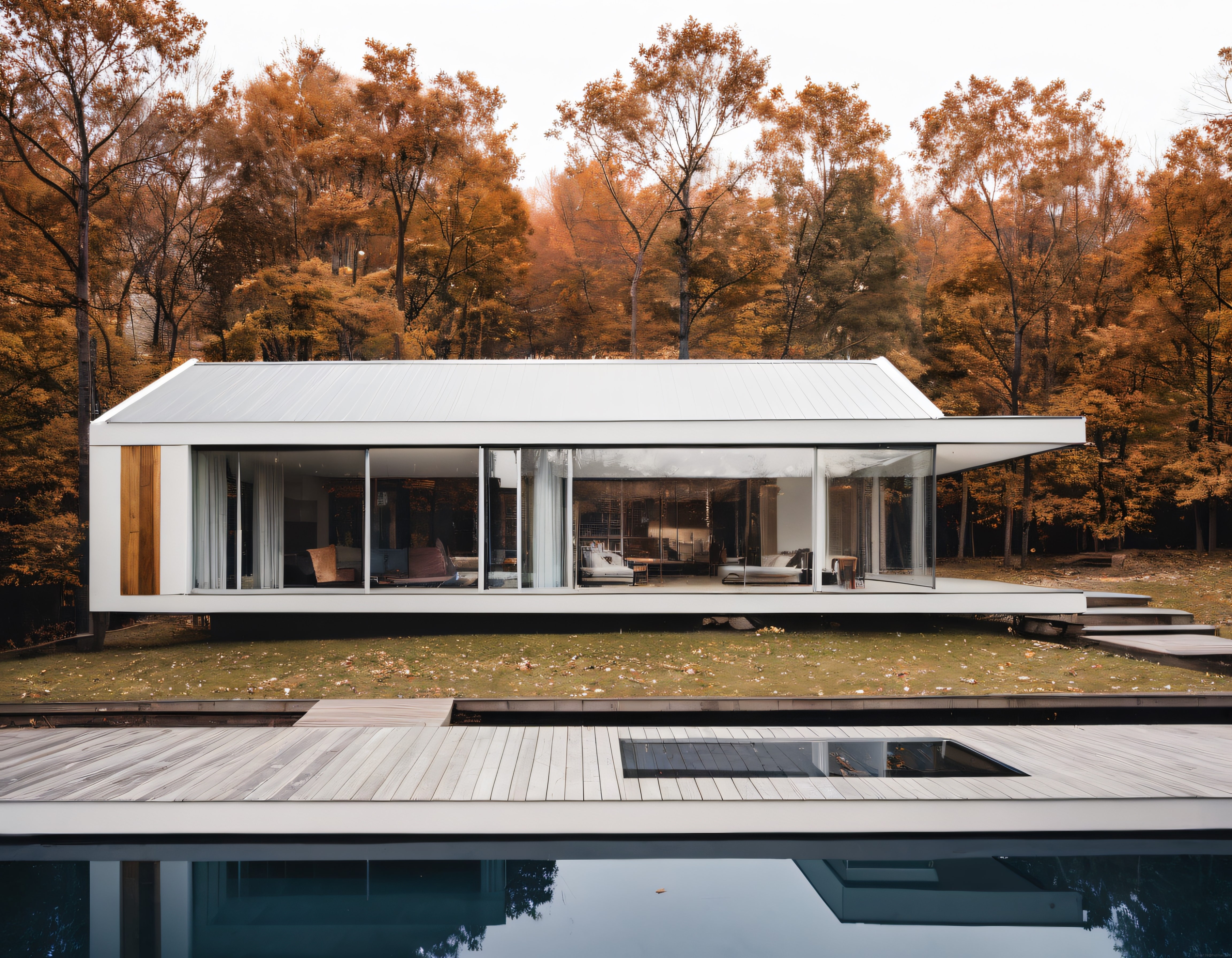 Sonbaharın Ortasında Cam Cepheli Modern Orman Evi ve Yansımalı Havuz
