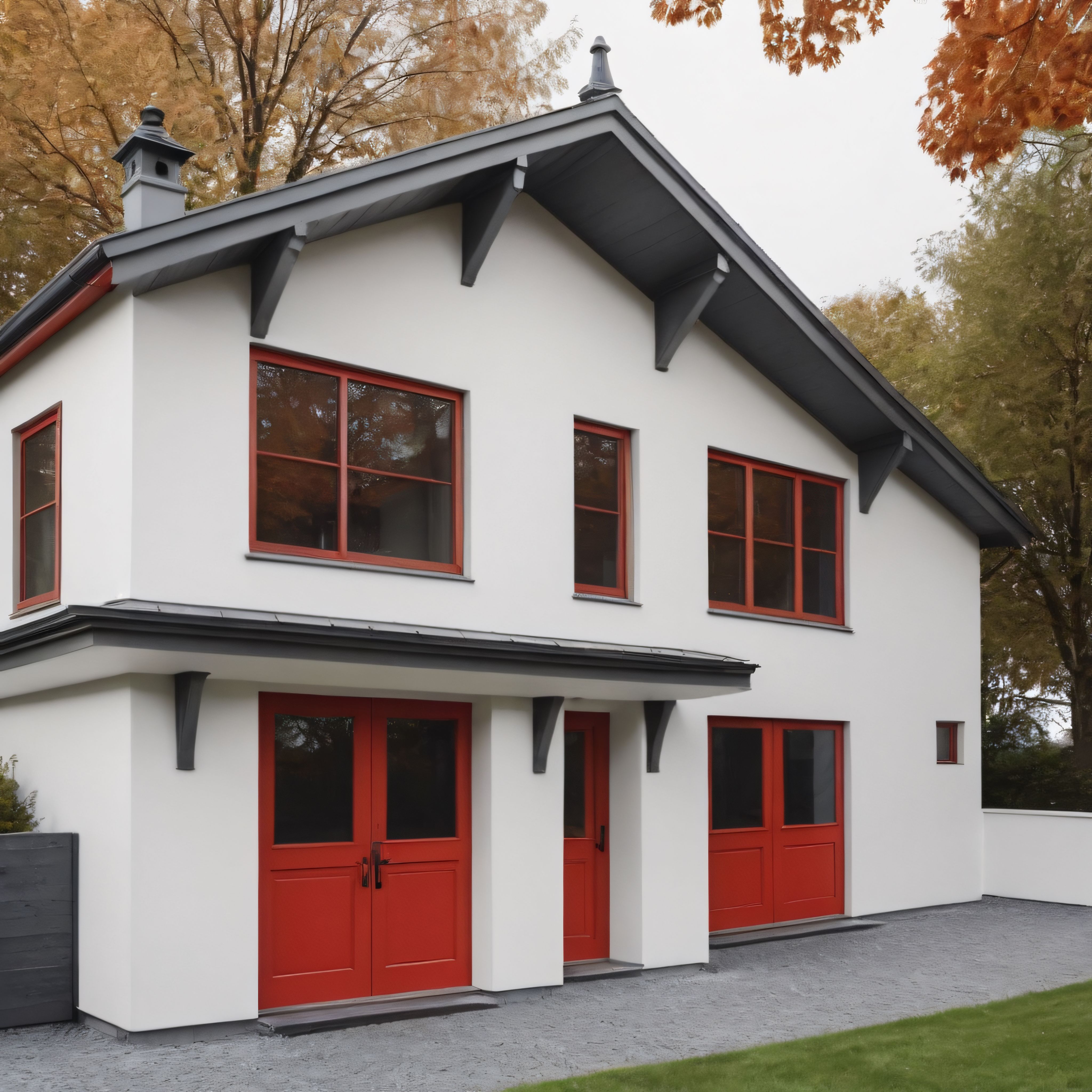 Sonbaharın Renkleri Arasında Kırmızı Detaylı Beyaz Cepheli Modern Kır Evi