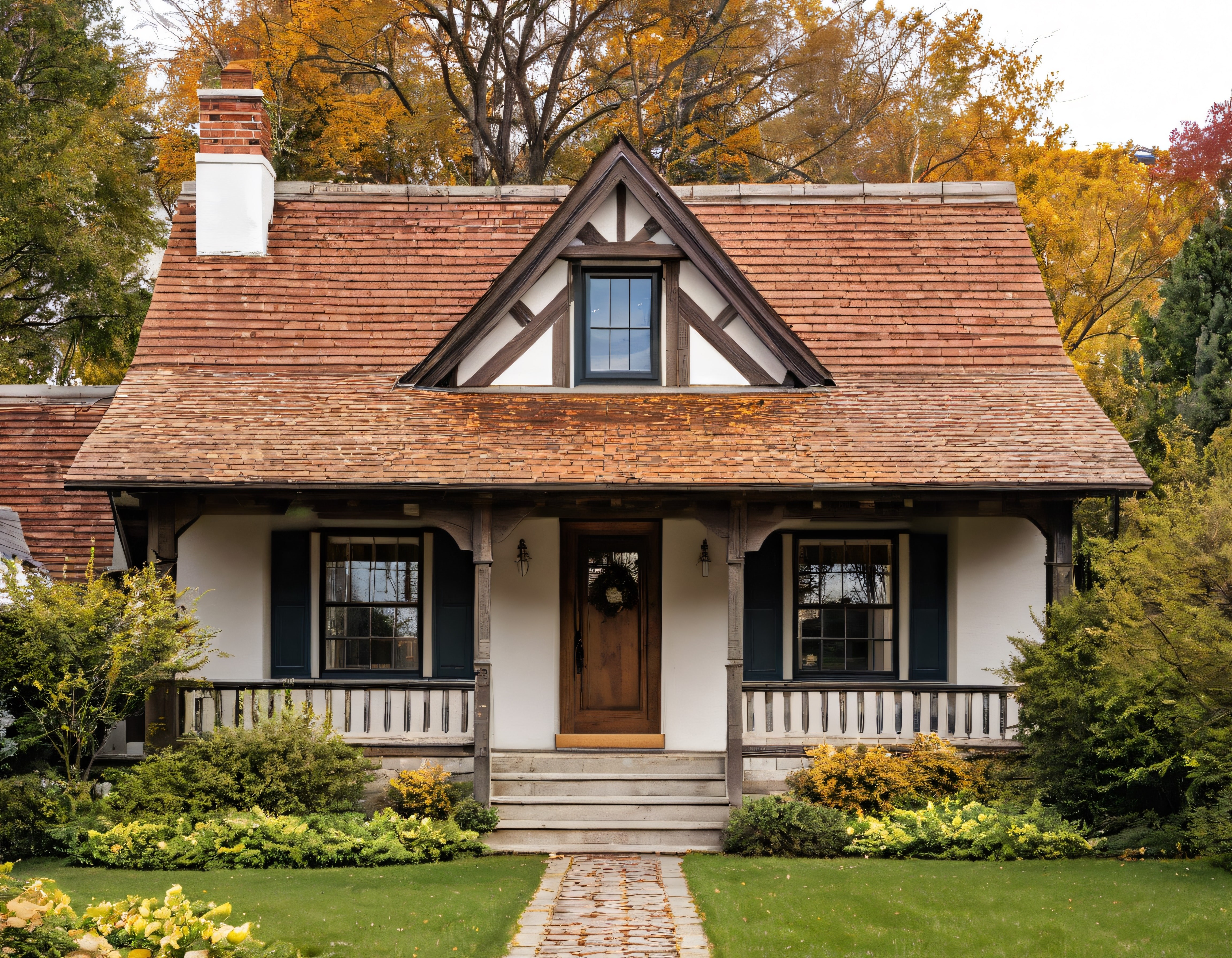 Sonbaharın Renkleri Arasında Pitoresk Tudor Tarzı Kır Evi ve Bahçesi