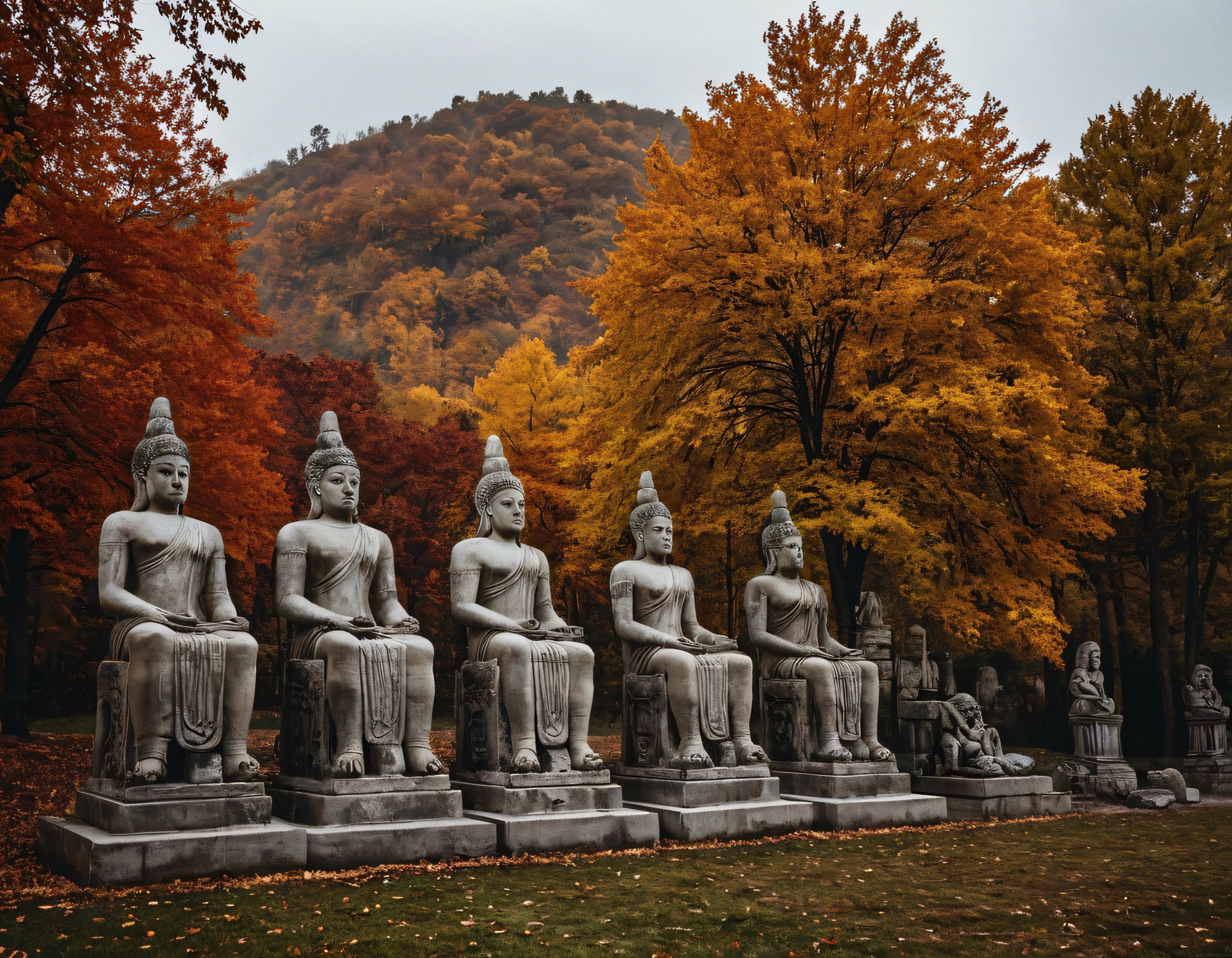 Sonbaharın Renkleri Arasında Sessizliğe Bürünmüş Antik Budha Heykelleri