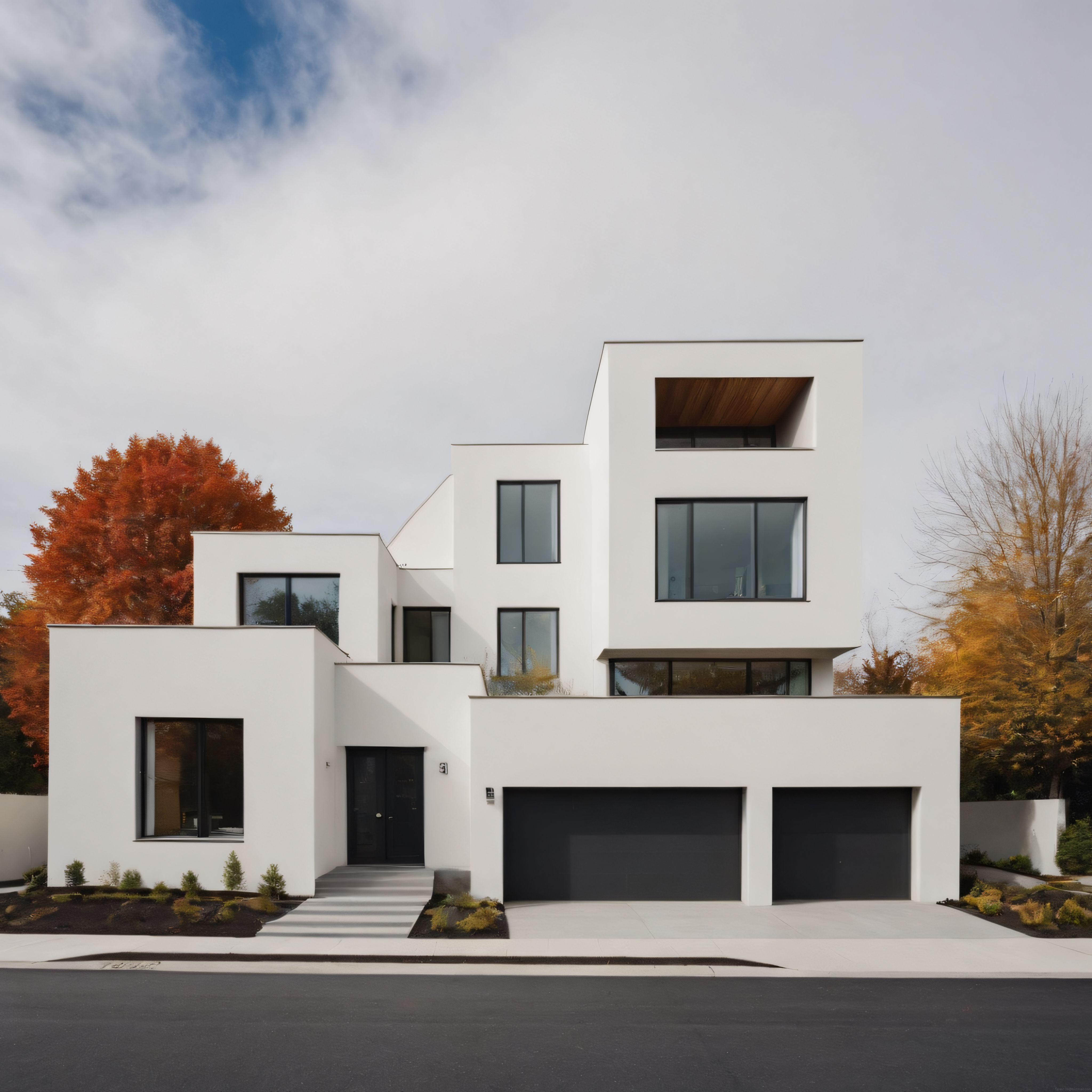Sonbaharın Renkleriyle Çevrelenmiş Modern ve Minimalist Beyaz Villa Görünümü