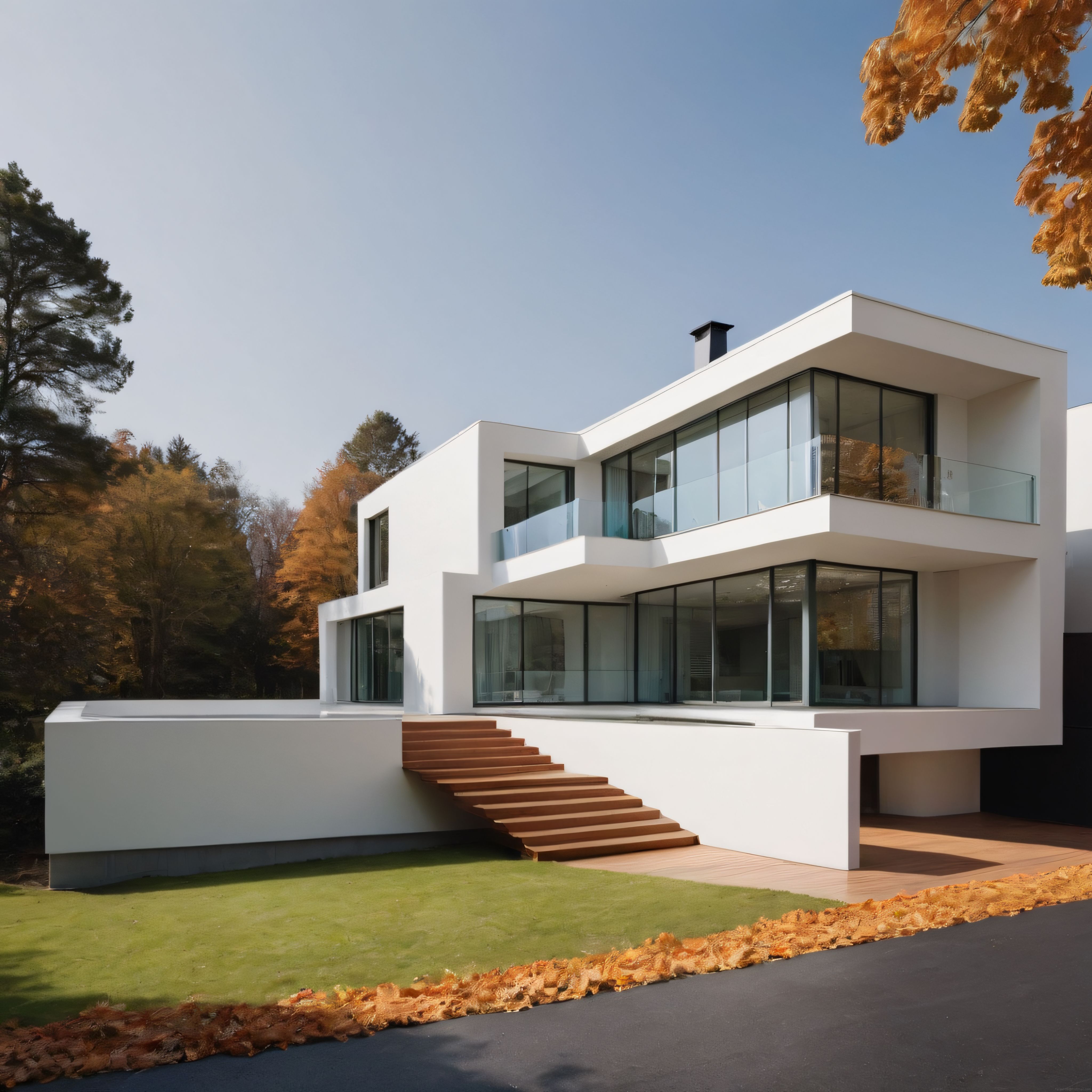 Sonbaharın Renkleriyle Çevrili Beyaz Beton ve Camlı Modern Villa Tasarımı