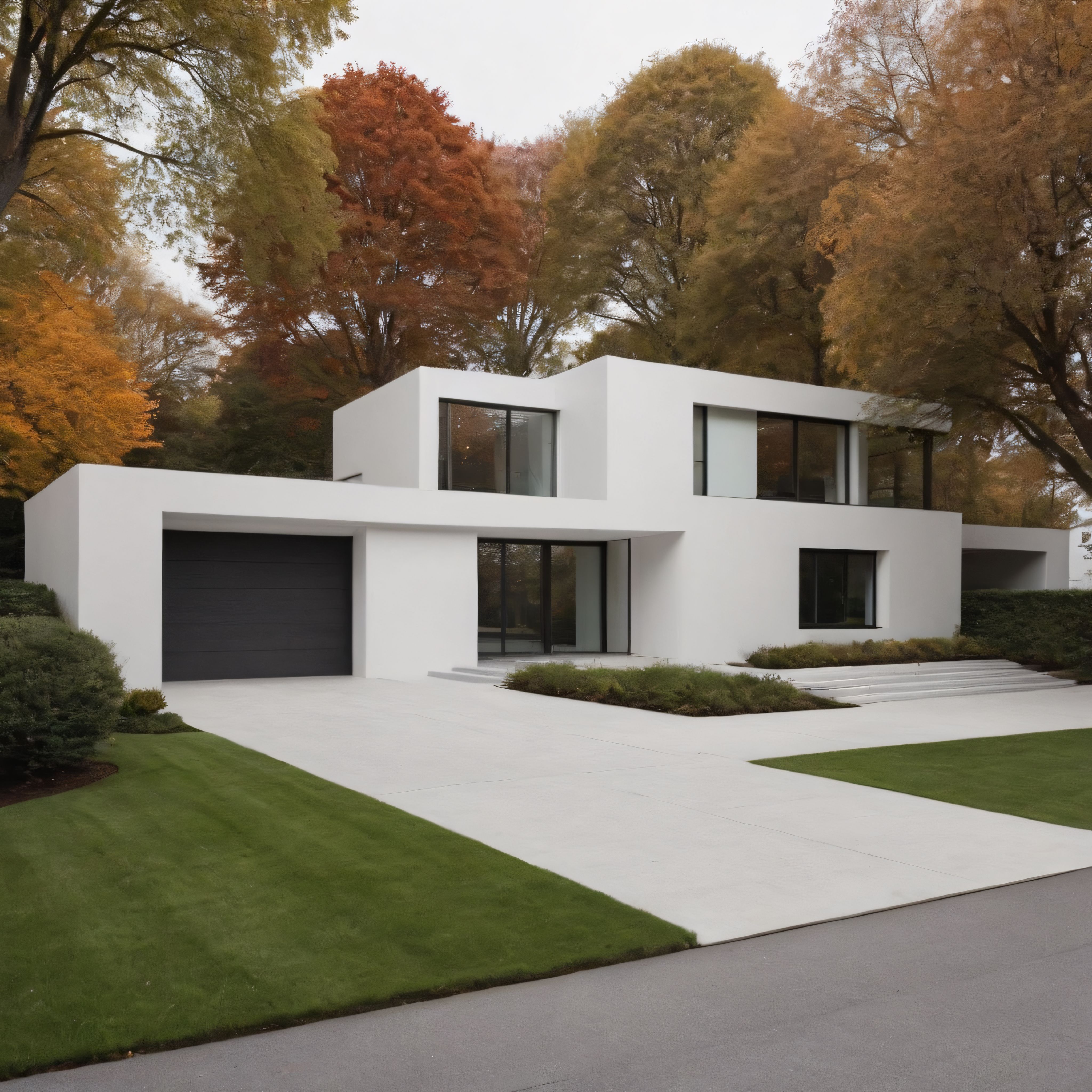 Sonbaharın Renkleriyle Çevrili Beyaz Modern Minimalist Villa ve Bahçe