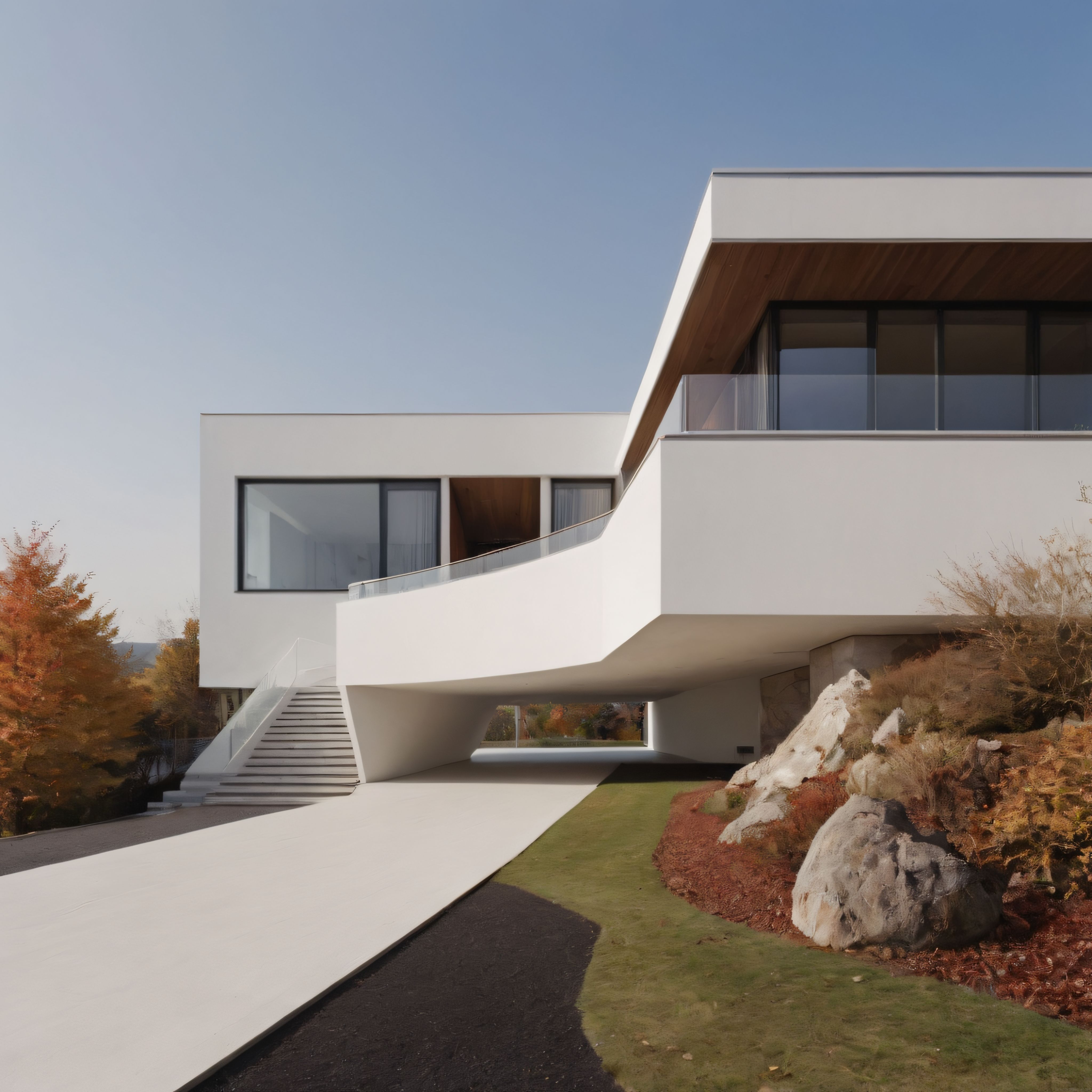 Sonbaharın Renkleriyle Çevrili Beyaz Modern Villa ve Minimalist Mimari
