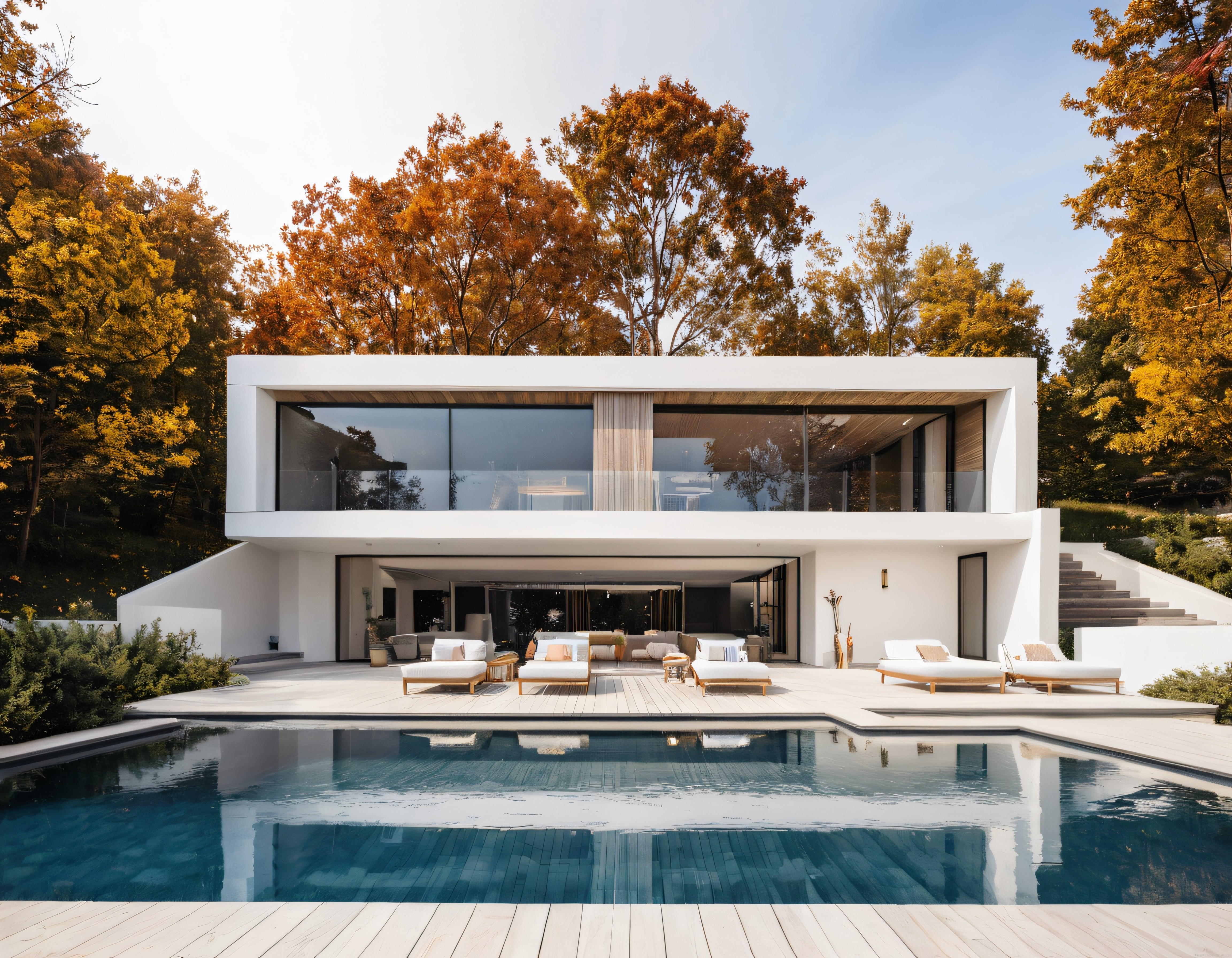 Sonbaharın Renkleriyle Çevrili, Havuzlu ve Şezlonglu Modern Lüks Villa