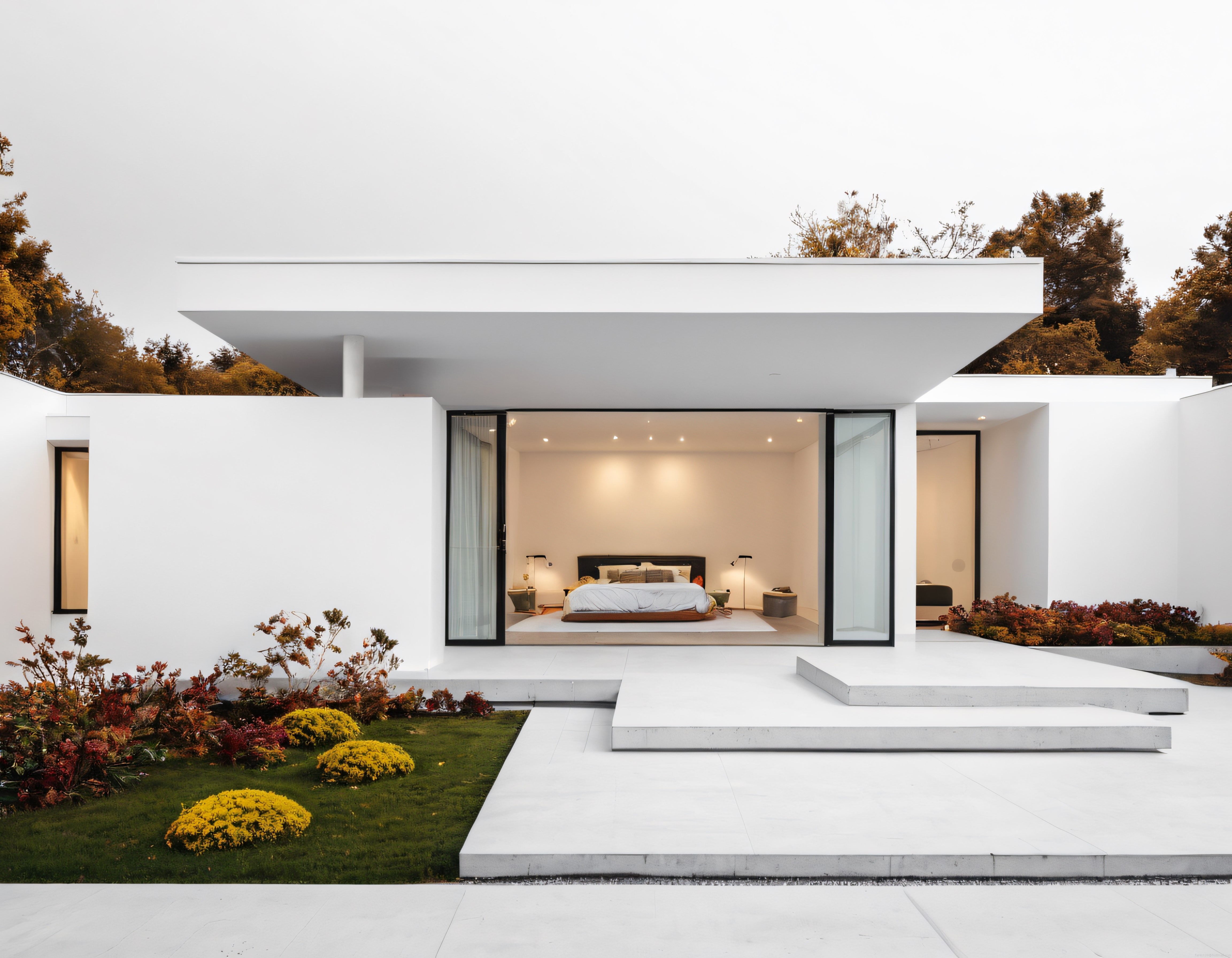 Sonbaharın Renkleriyle Çevrili Minimalist Beyaz Villa ve Modern Bahçe Tasarımı