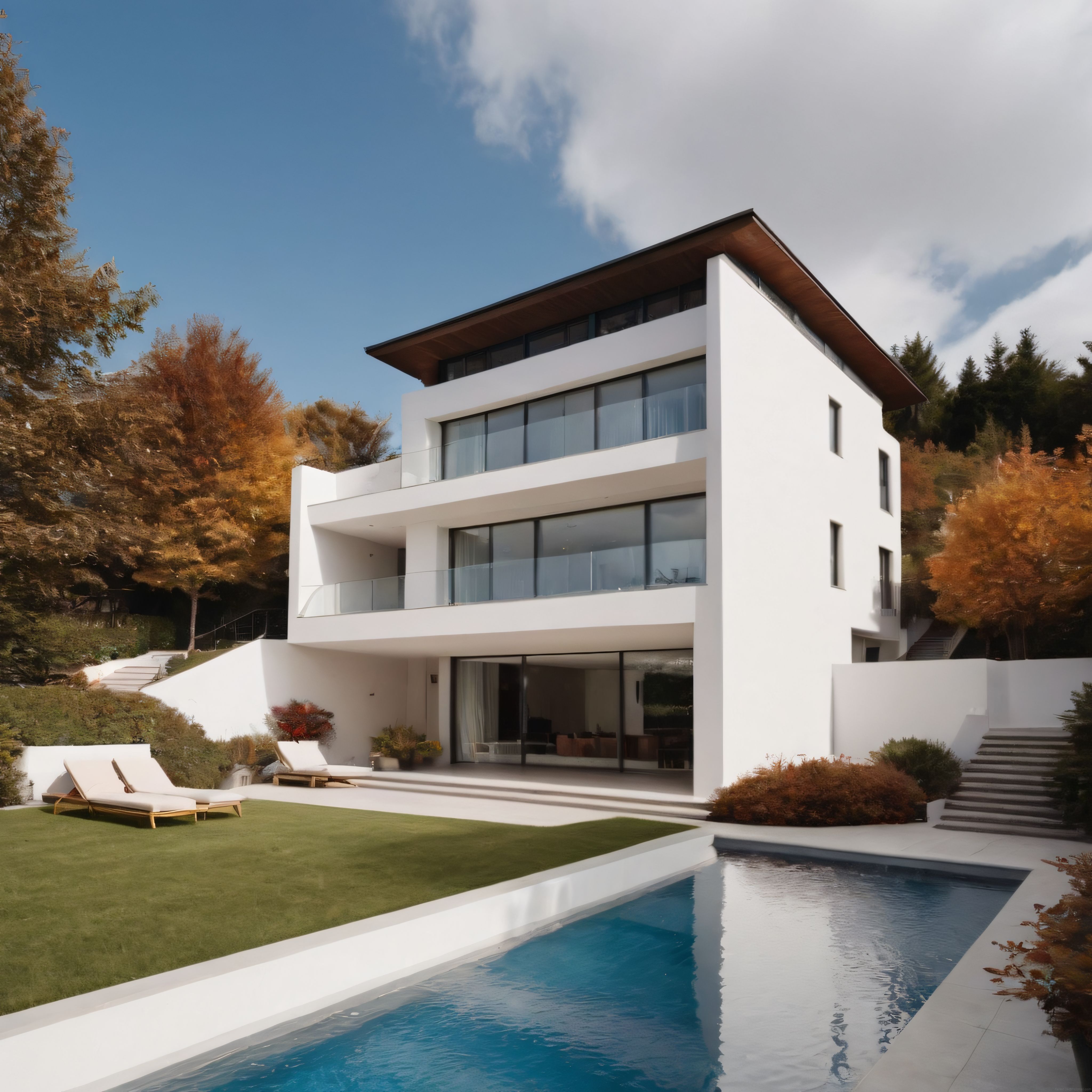 Sonbaharın Renkleriyle Çevrili Modern Havuzlu Villa ve Lüks Yaşam Alanı
