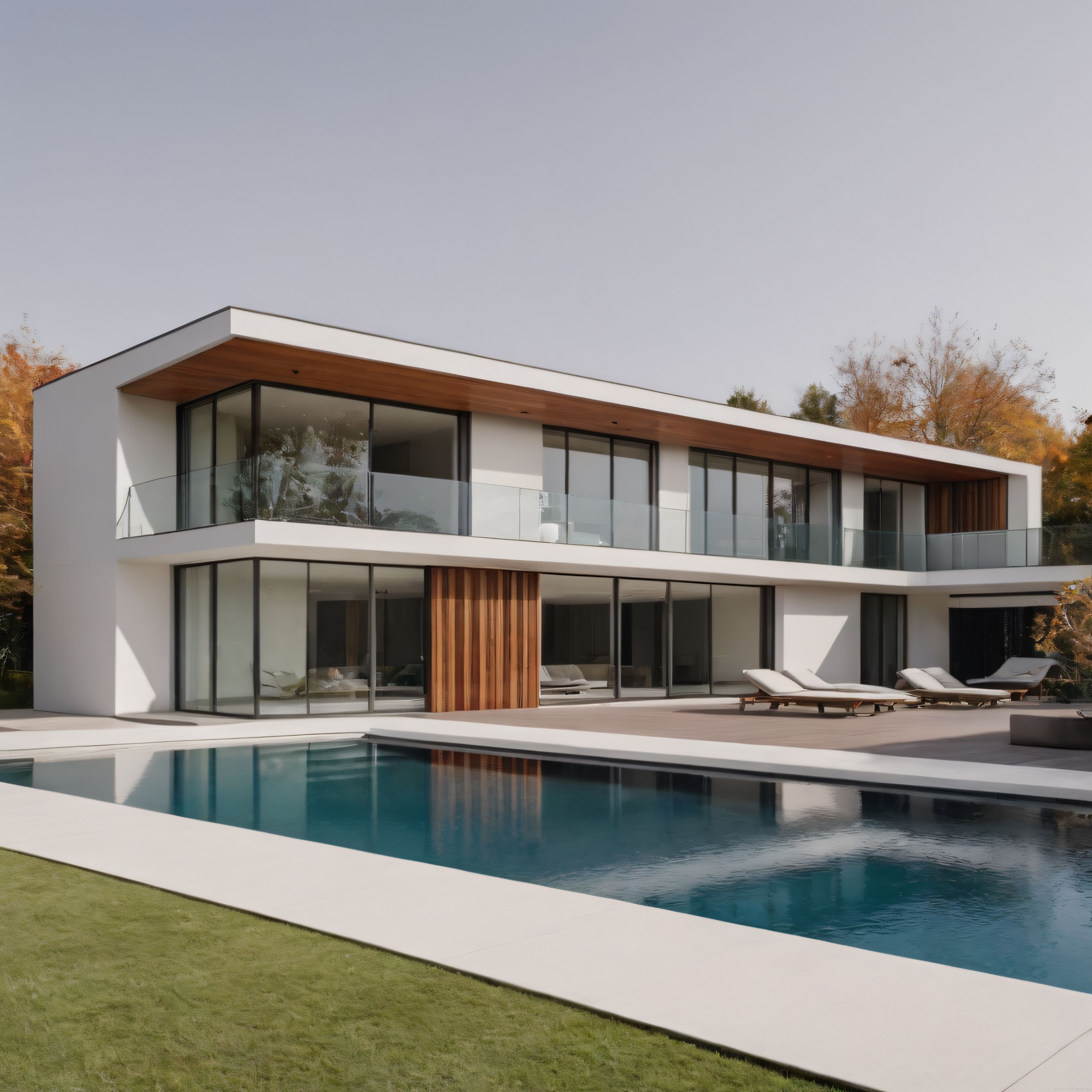 Sonbaharın Renkleriyle Çevrili Modern Villa ve Yüzme Havuzu Manzarası