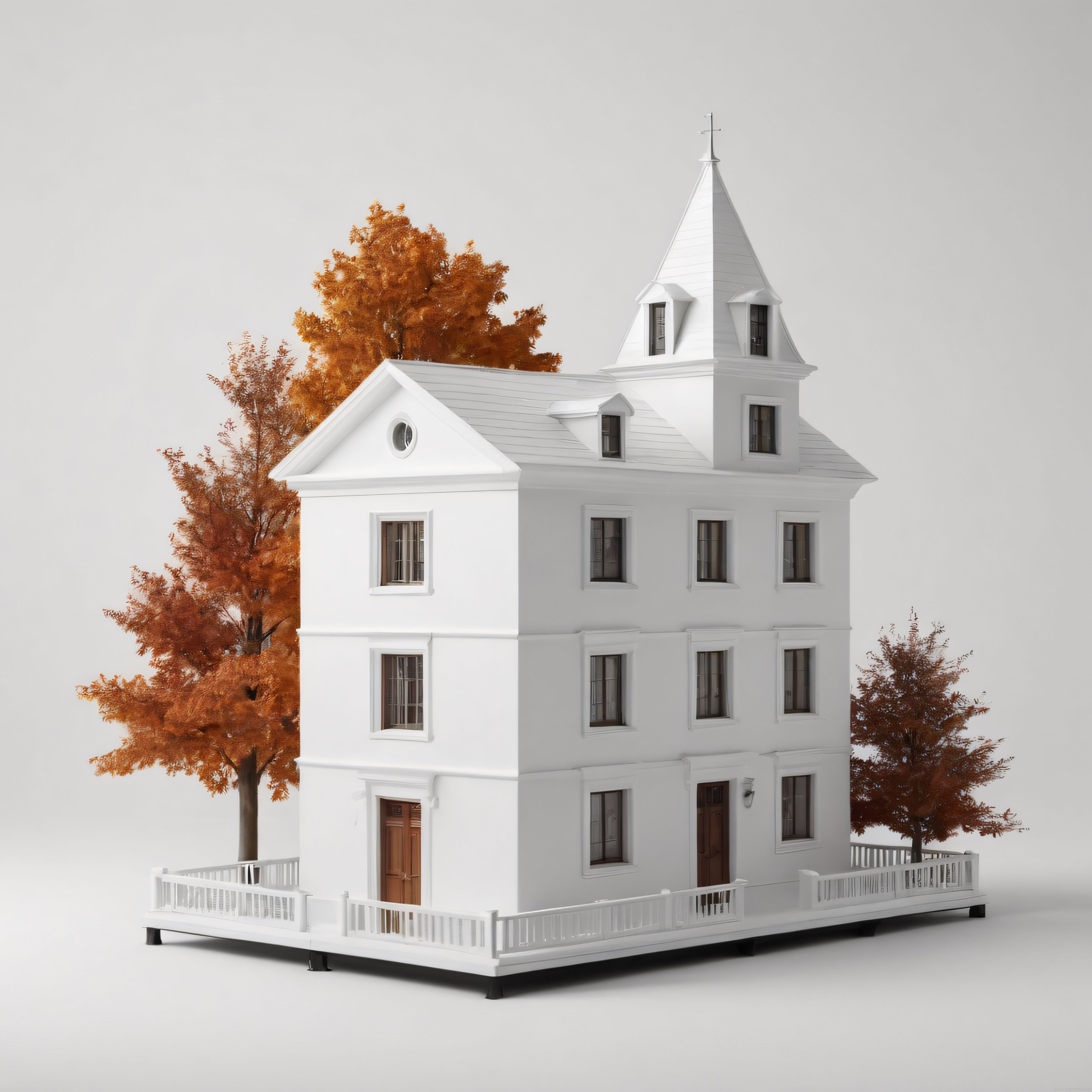 Sonbaharın Renkli Ağaçlarıyla Beyaz Klasik Ev ve Mimari 3D Render