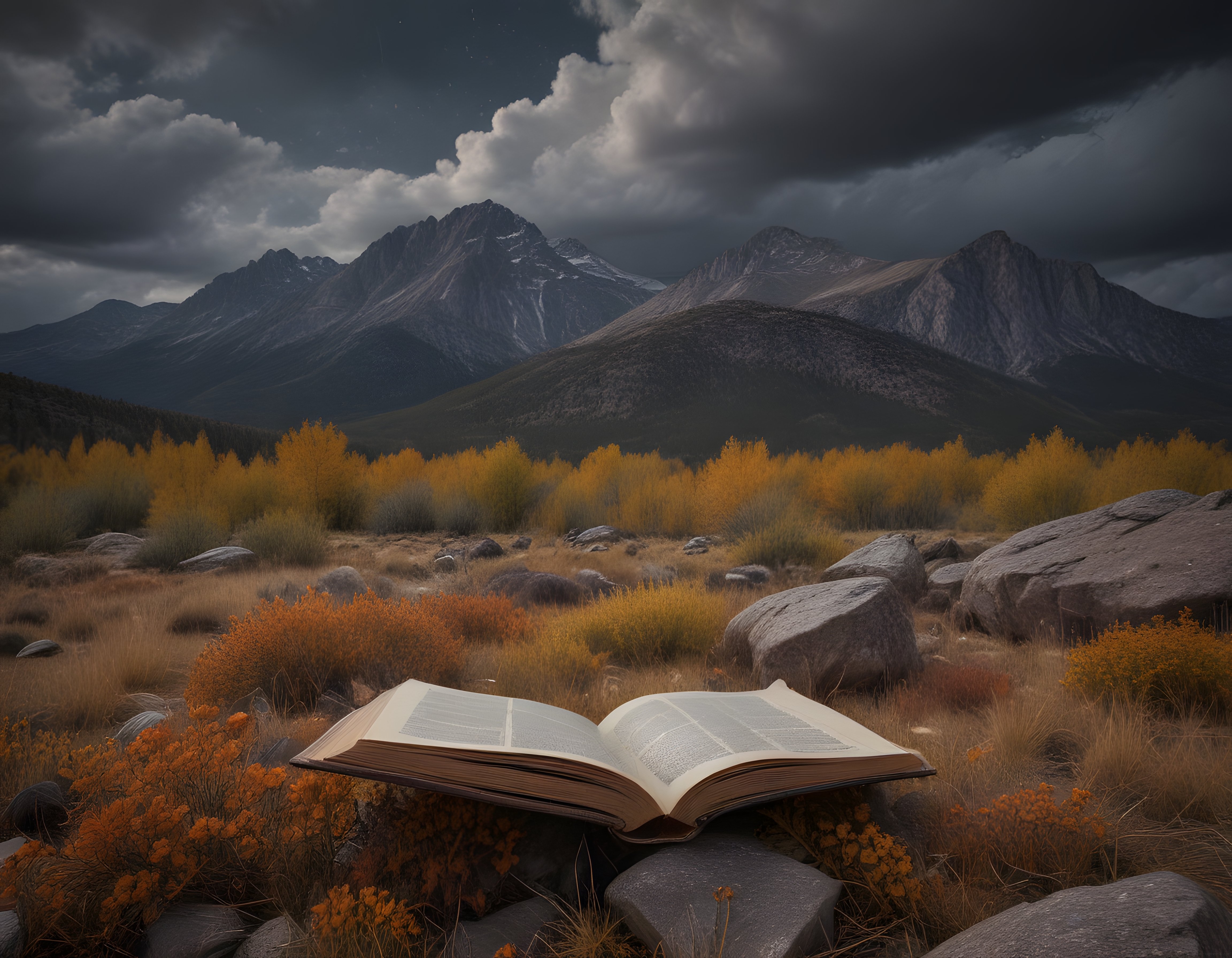 Sonbaharın Sarı Tonlarında Büyüleyici Vadide Duran Devasa Kitap ve Sisli Dağlar