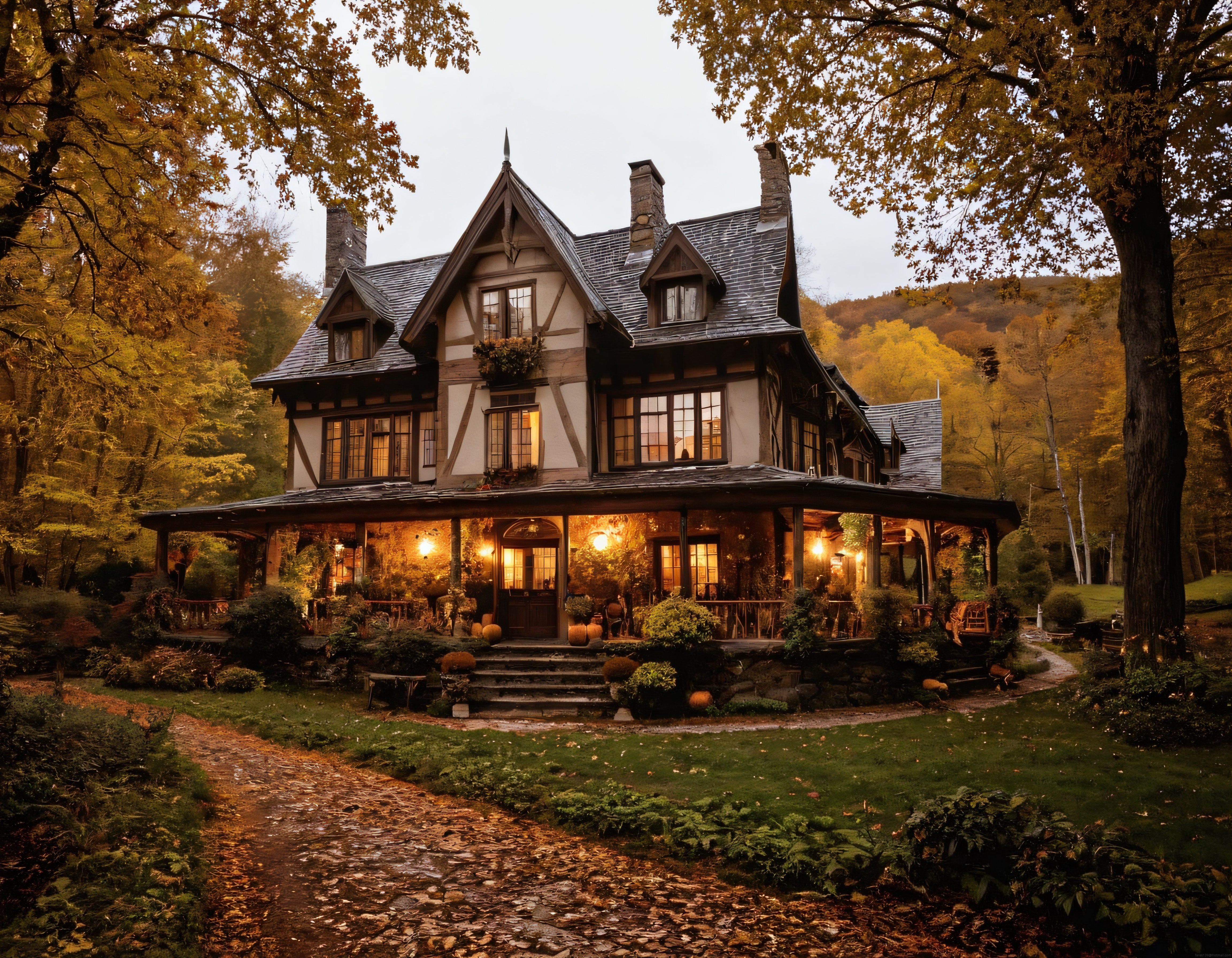 Sonbaharın Sarı Tonlarında Orman İçinde Işık Saçan Gizemli Tudor Evi