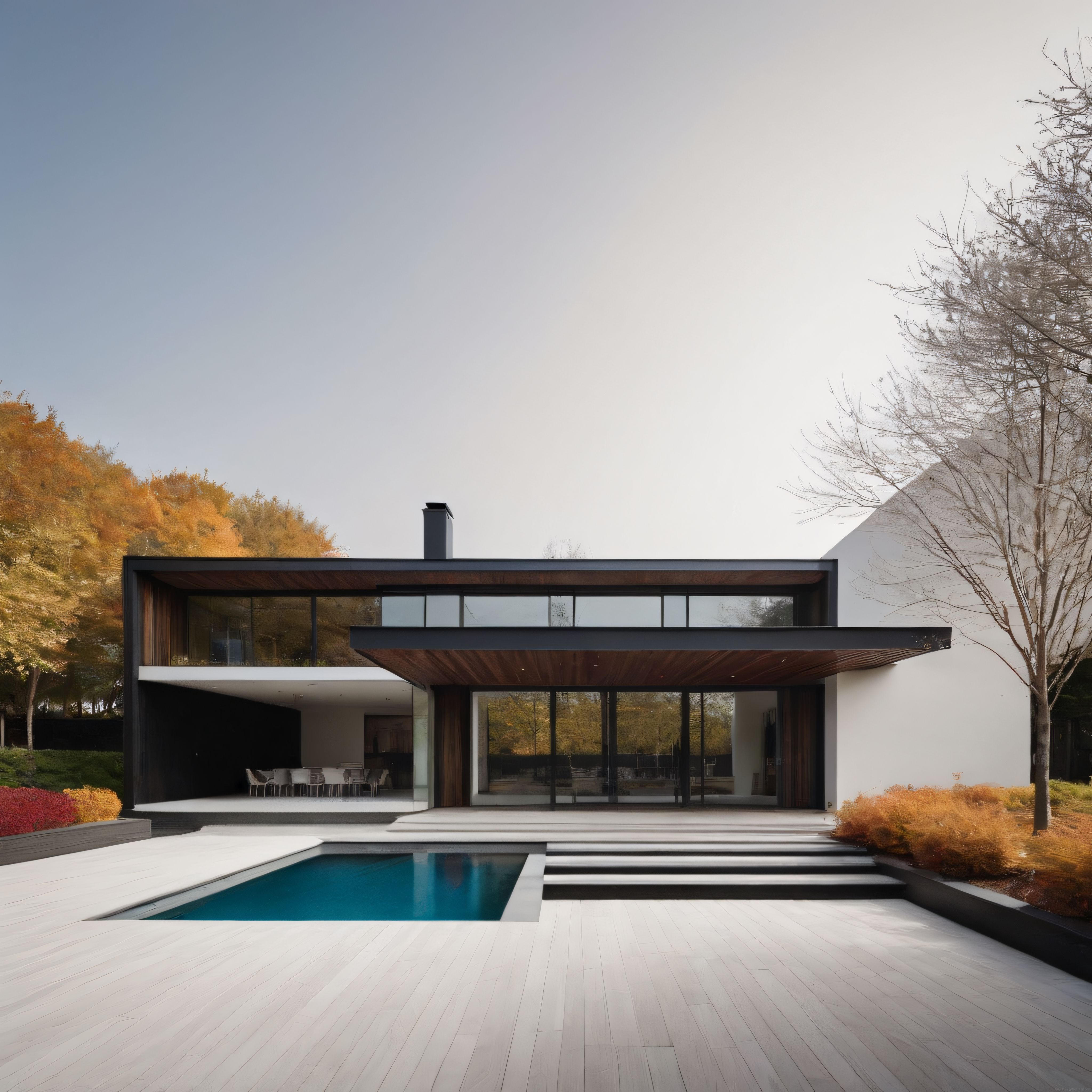 Sonbaharın Sessizliğinde Doğayla Bütünleşen Modern Lüks Villa ve Havuz
