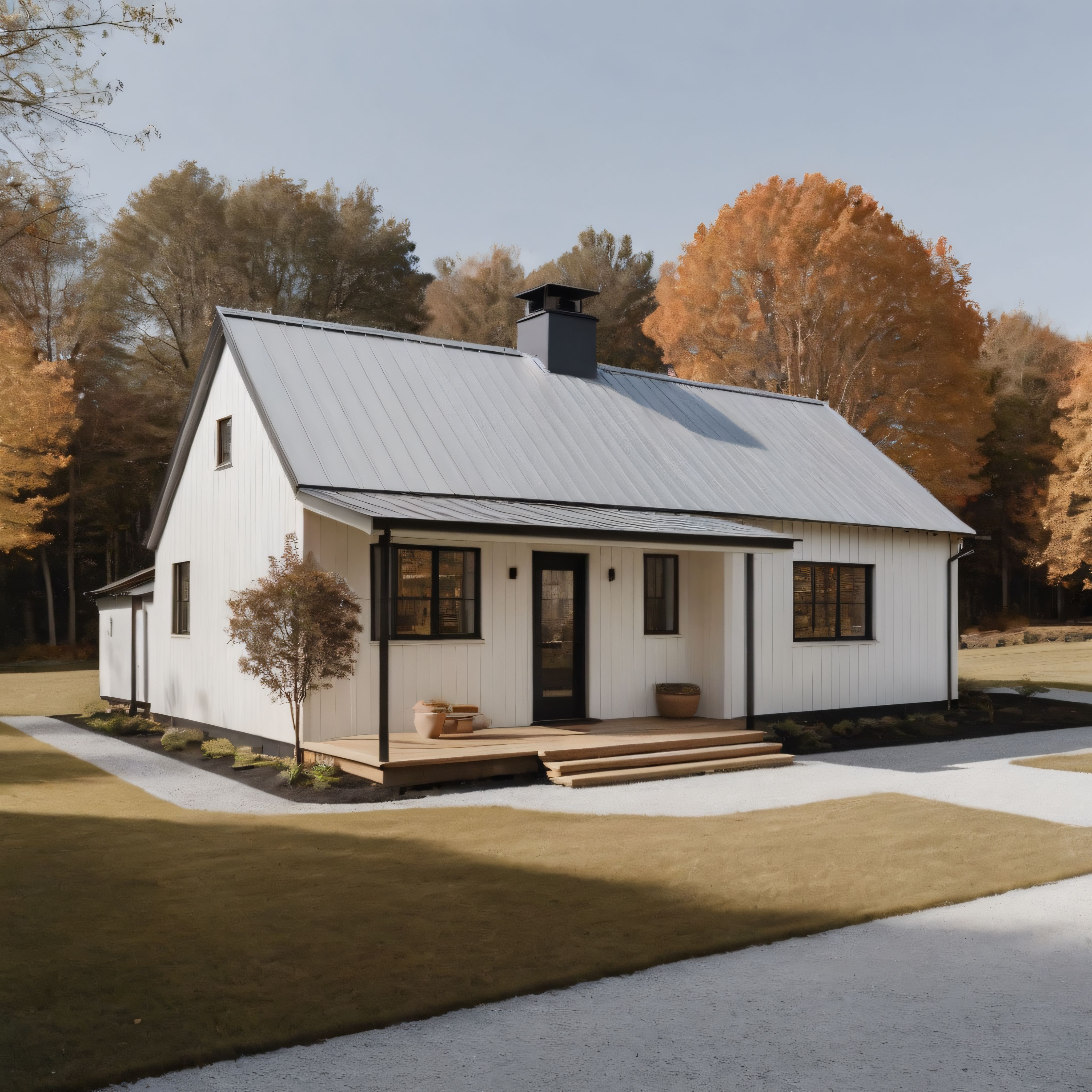 Sonbaharın Sıcacık Tonlarında Modern Beyaz Kır Evi ve Çevre Düzenlemesi
