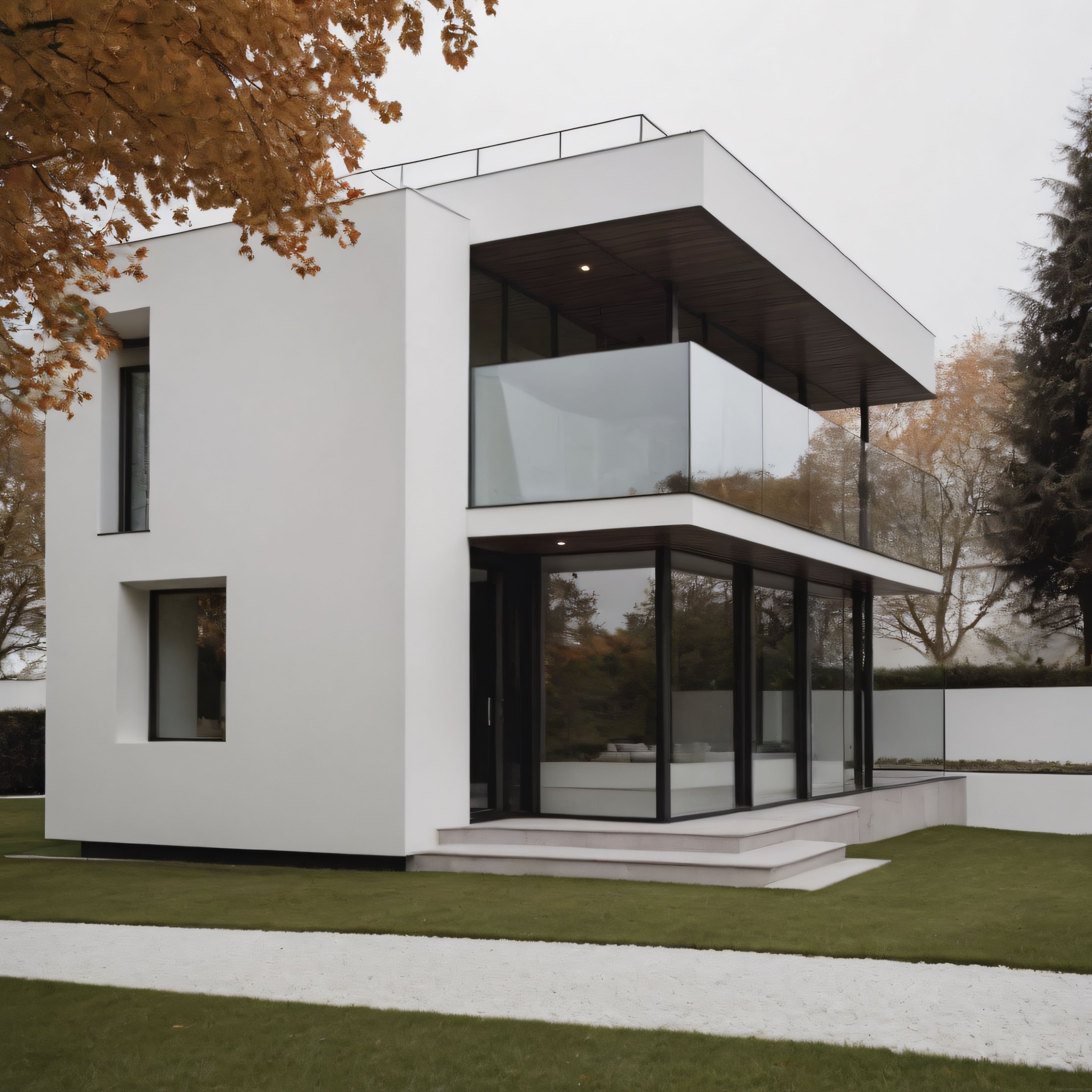 Sonbaharın Sıcak Tonlarında Beyaz Duvarlarıyla Modern Villa Mimarisi