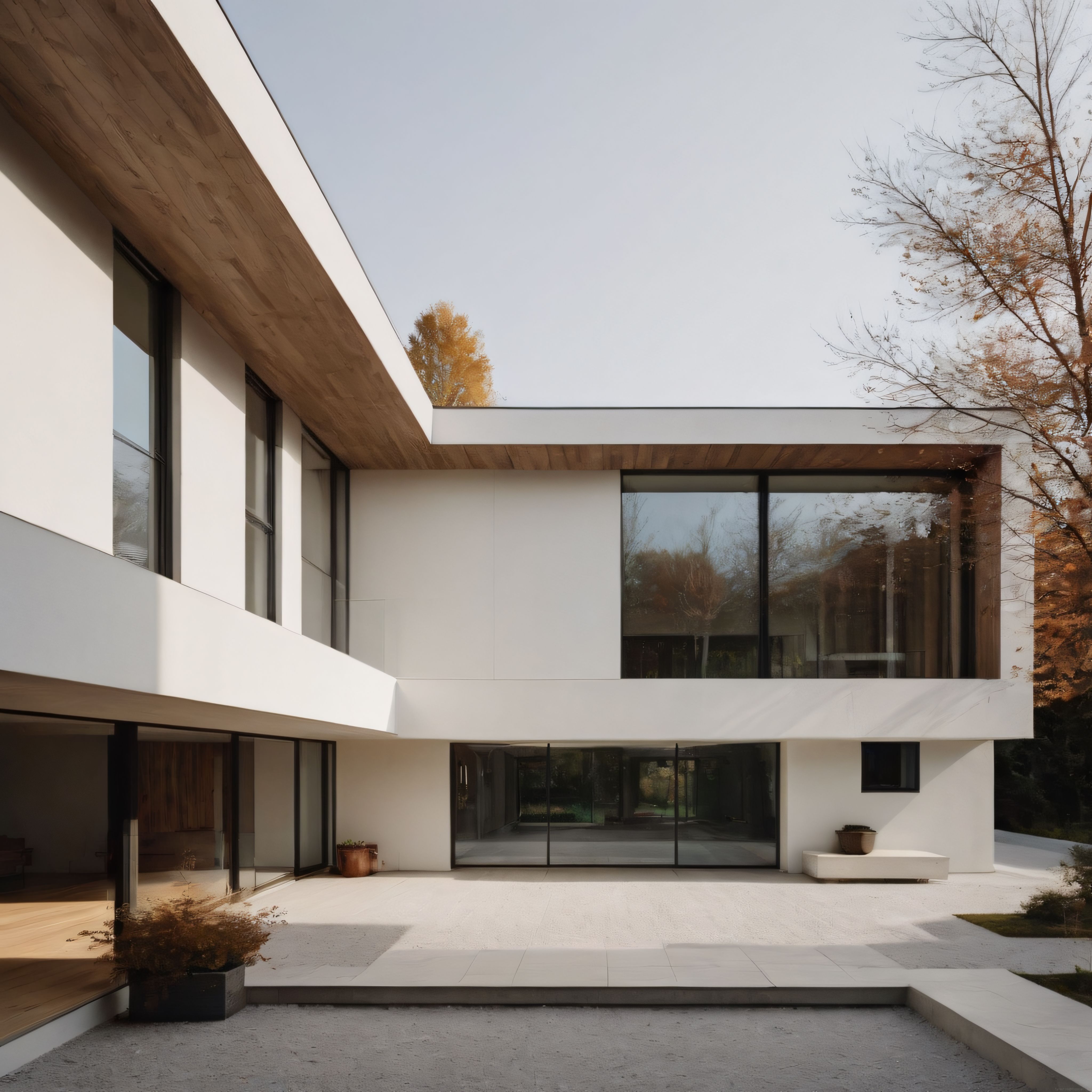 Sonbaharın sıcak tonlarıyla çevrili beyaz cepheli modern minimalist villa
