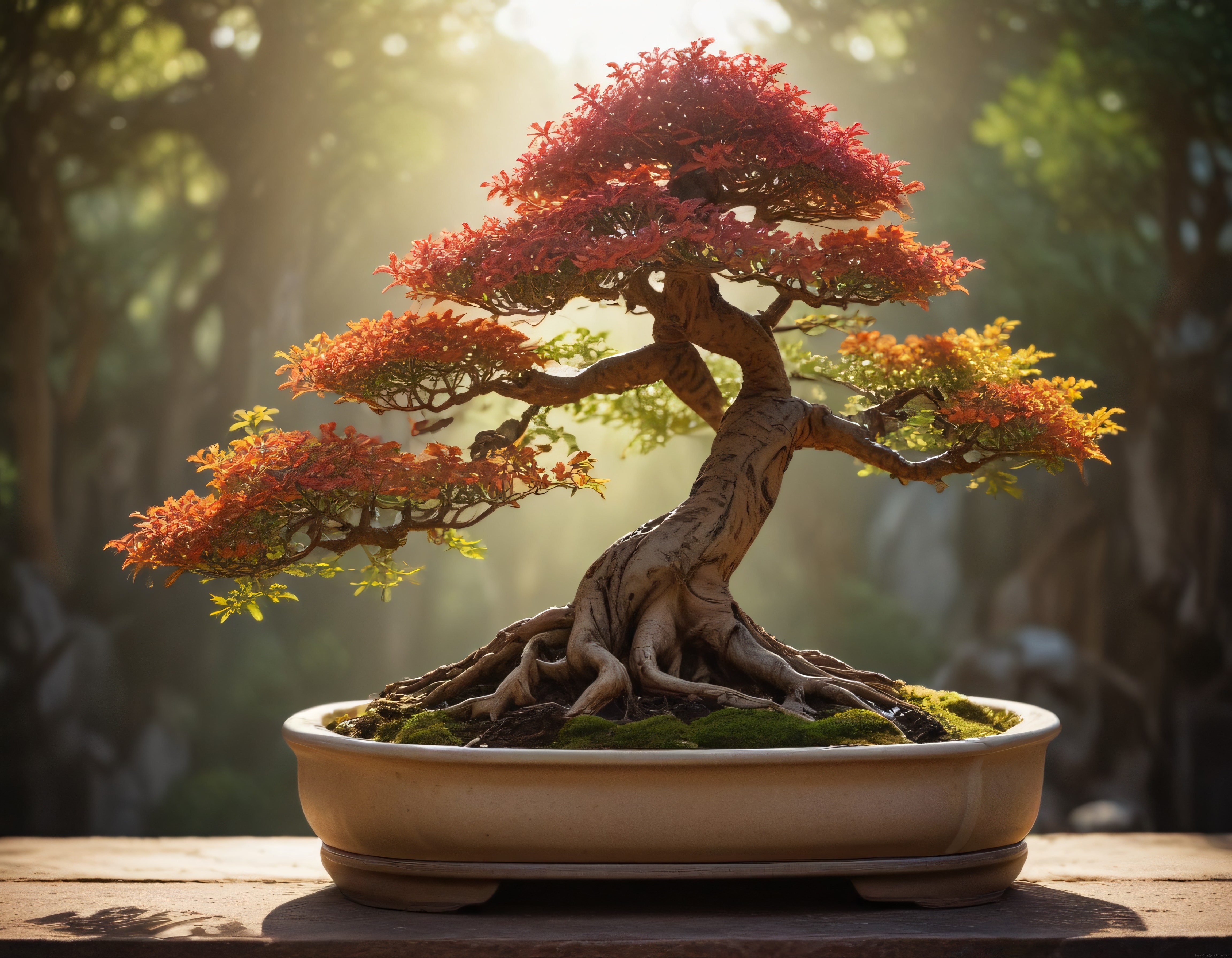 Sonbaharın Sıcak Tonlarıyla Süslenmiş Huzurlu Bir Bonsai Tasarımı