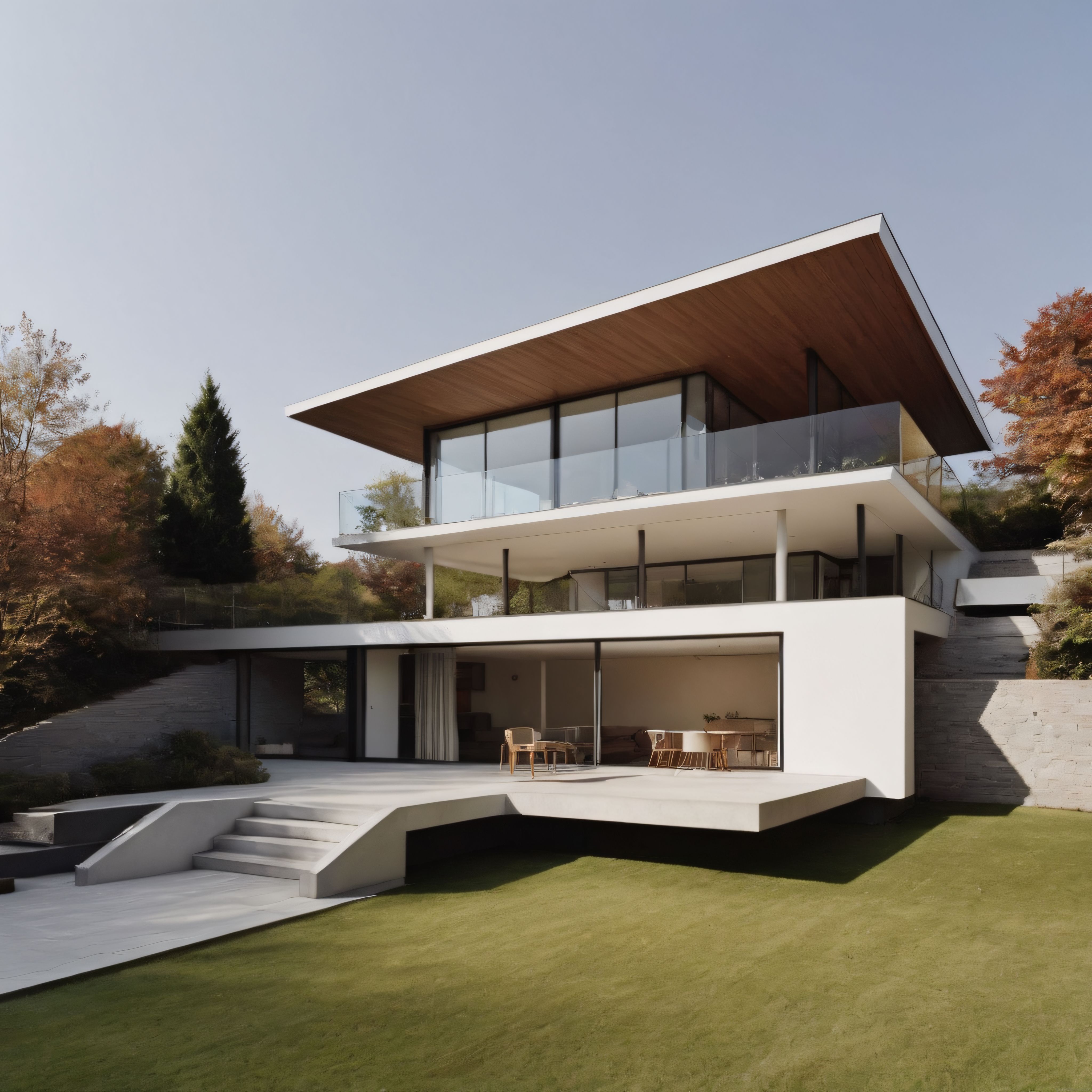 Sonbaharın Sıcak Tonlarıyla Uyumlu Lüks Modern Cam ve Beton Villa Mimarisi