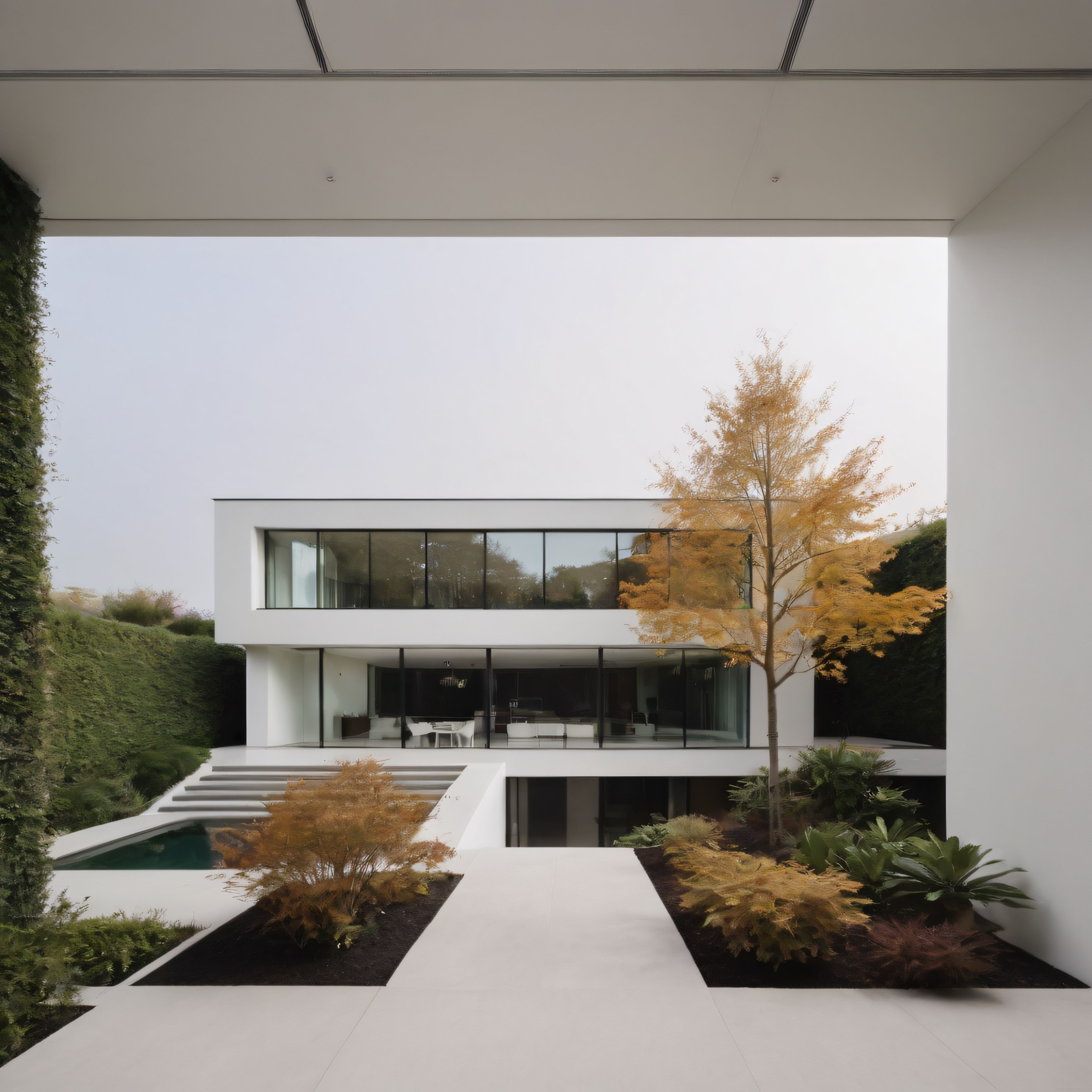 Sonbaharın Sıcak Tonlarıyla Uyumlu Minimalist Bir Modern Villa ve Bahçesi