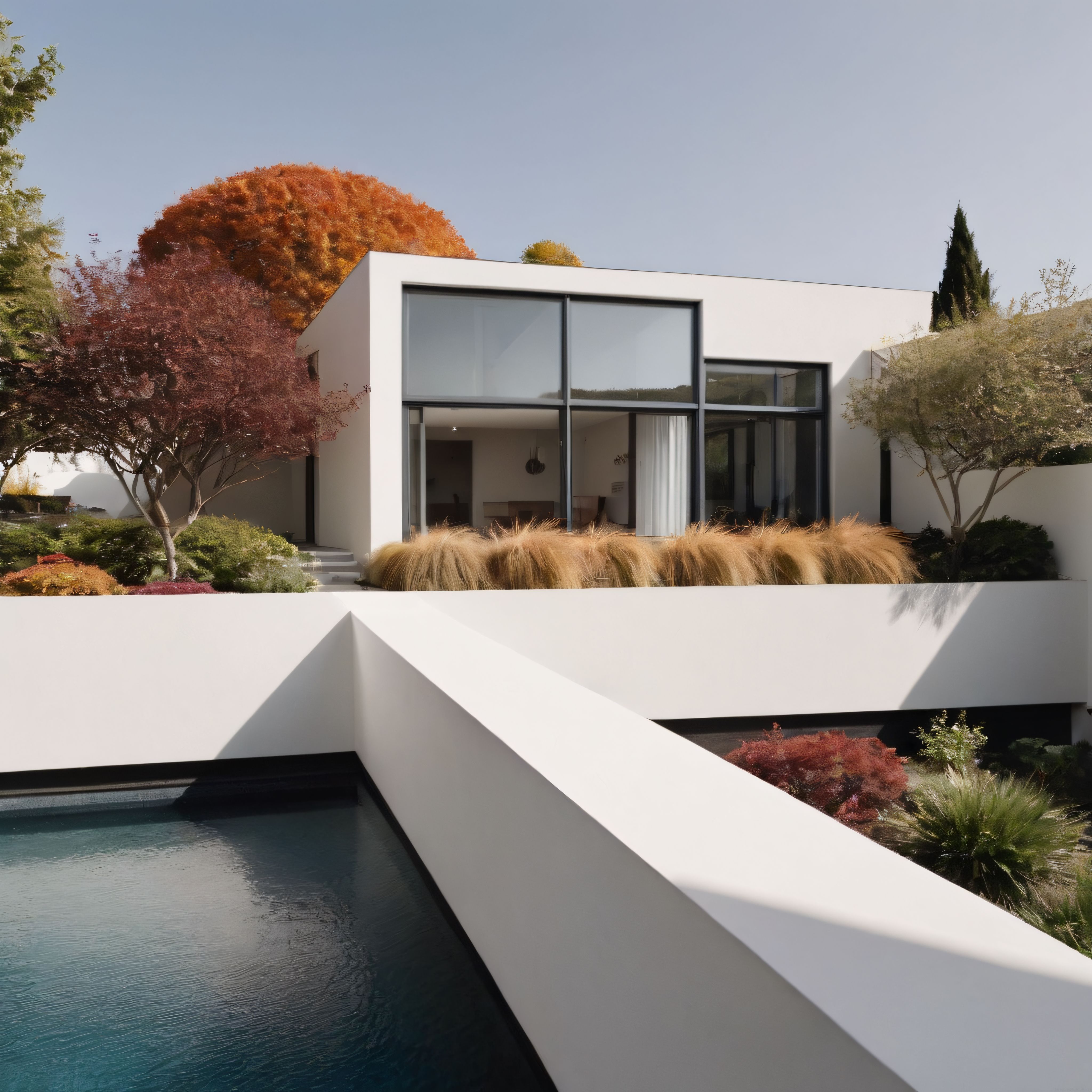 Sonbaharın Sıcak Tonlarıyla Uyumlu Modern Villa ve Havuz Manzarası