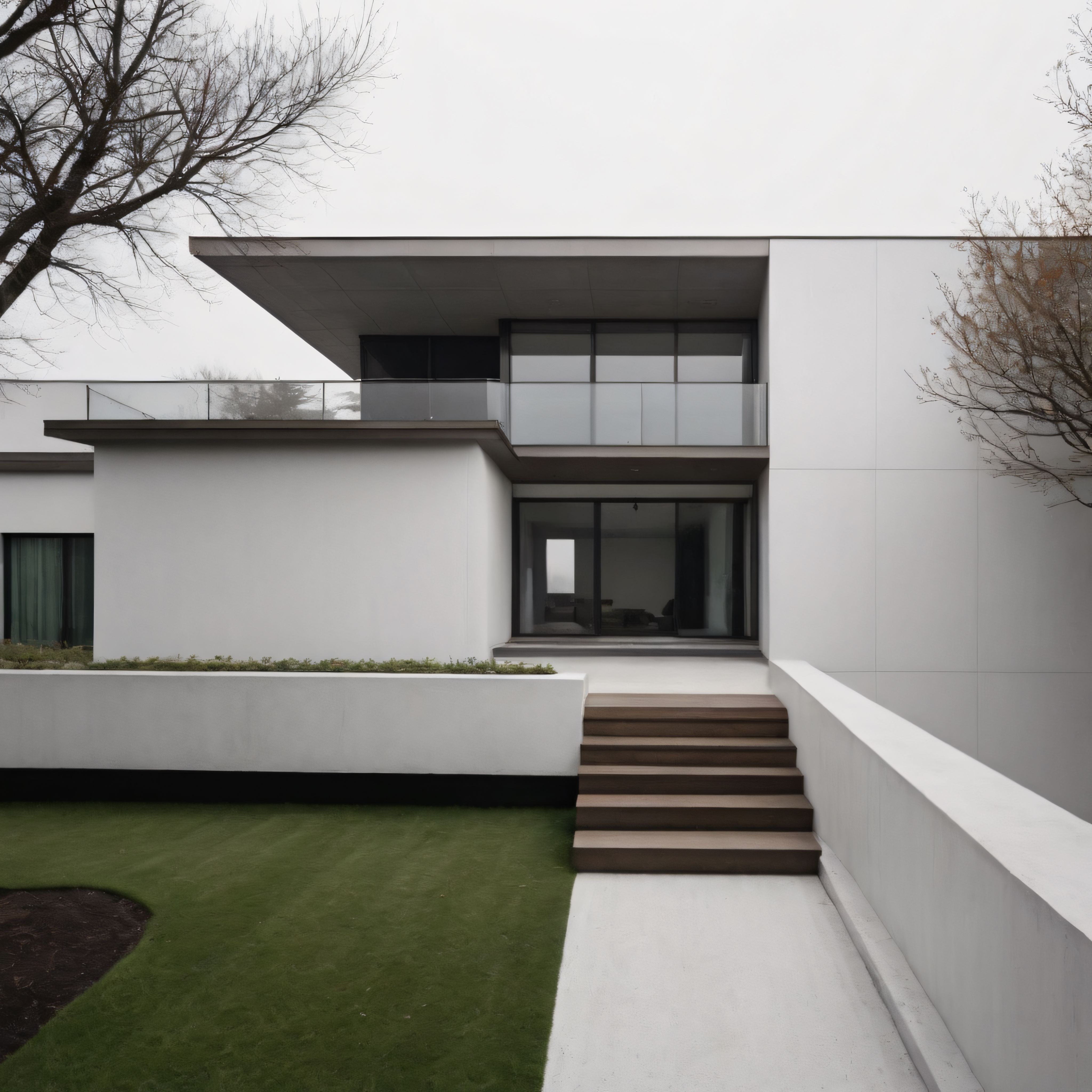 Sonbaharın Soluk Işığında Modern Beyaz Villa ve Ahşap Bahçe Merdivenleri