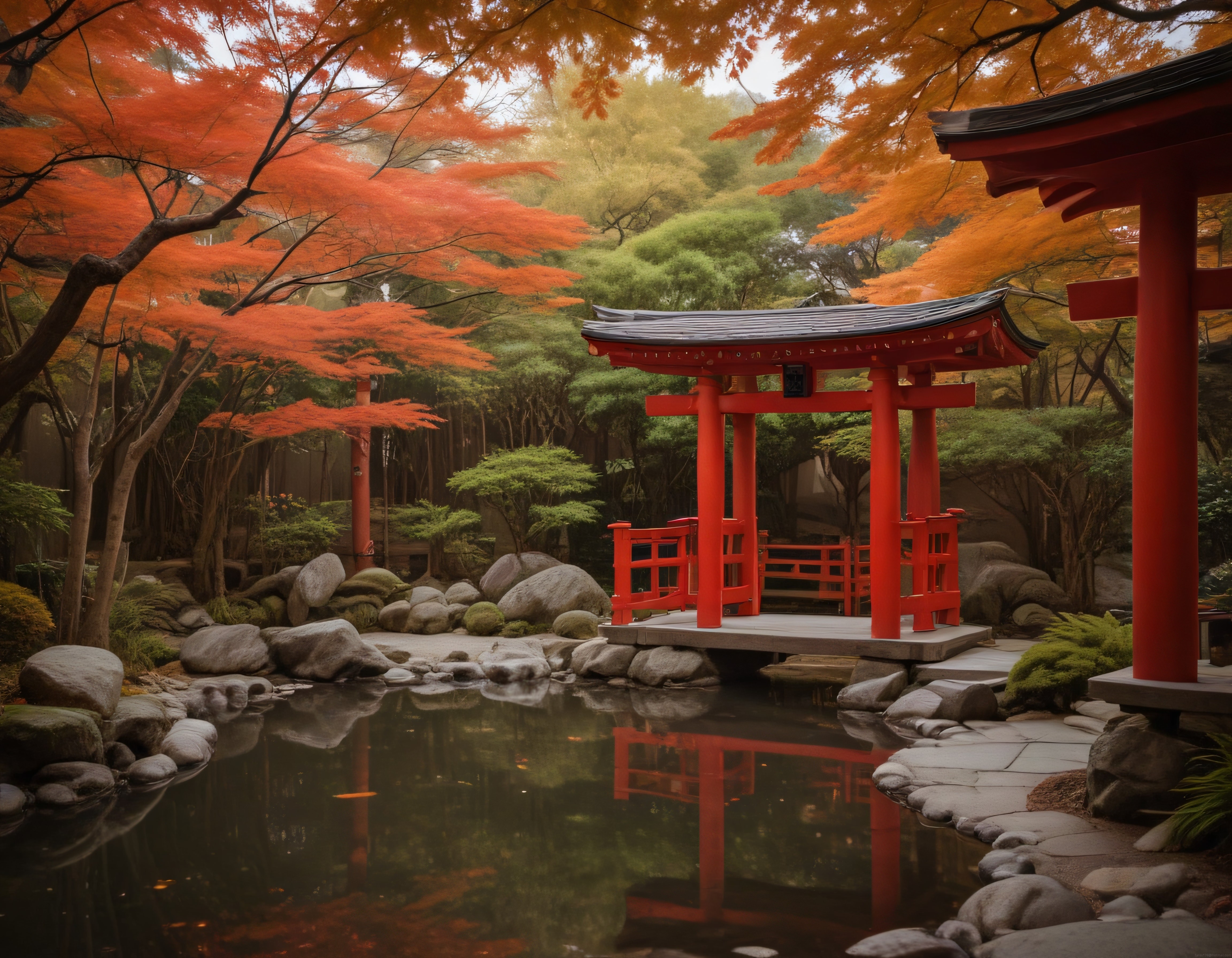 Sonbaharın Turuncu Yapraklarıyla Çevrili Sessiz Japon Bahçesi ve Kırmızı Torii