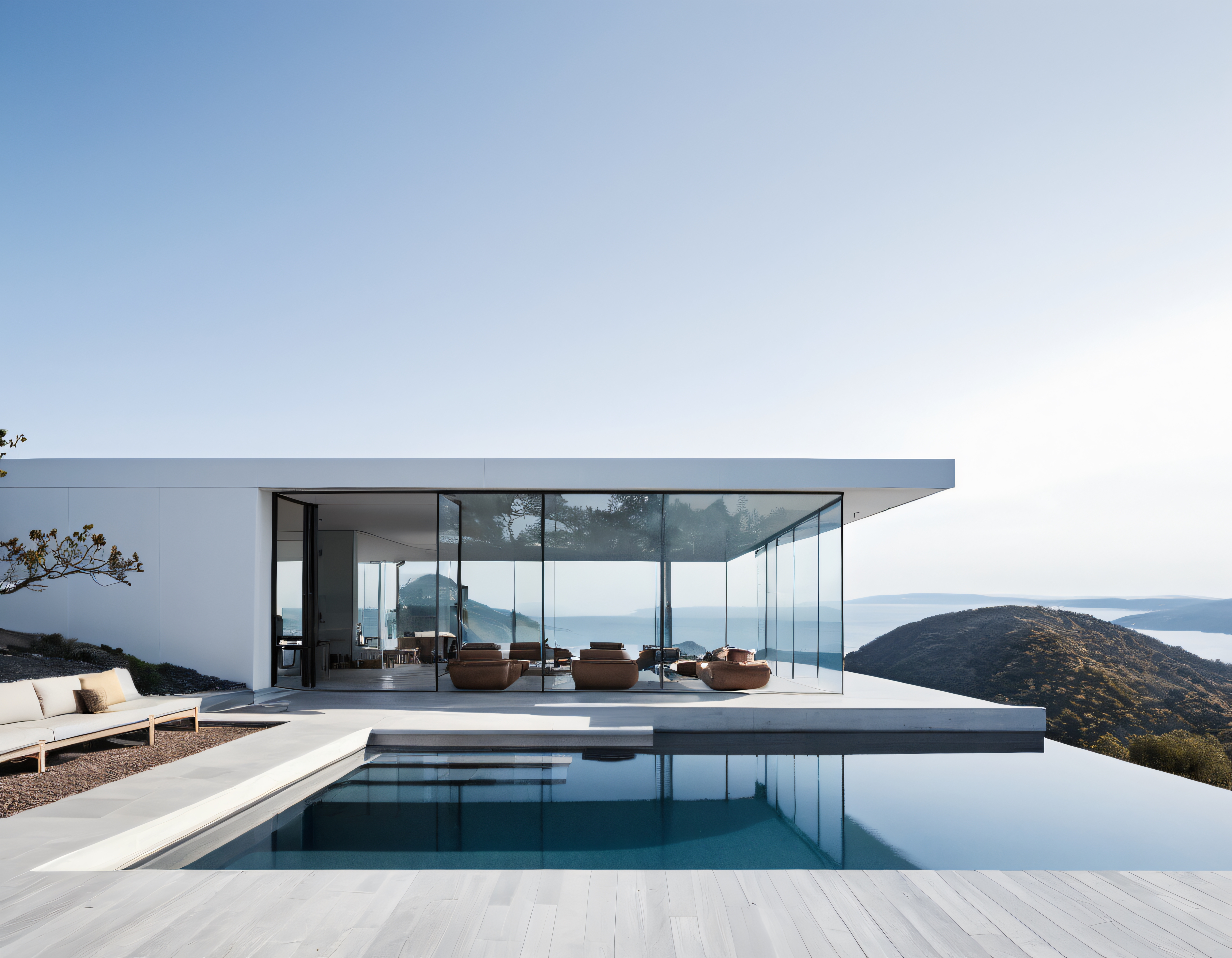 Sonsuz Havuzlu Panoramik Cam Villa ve Dağ Manzaralı Minimalist Mimari