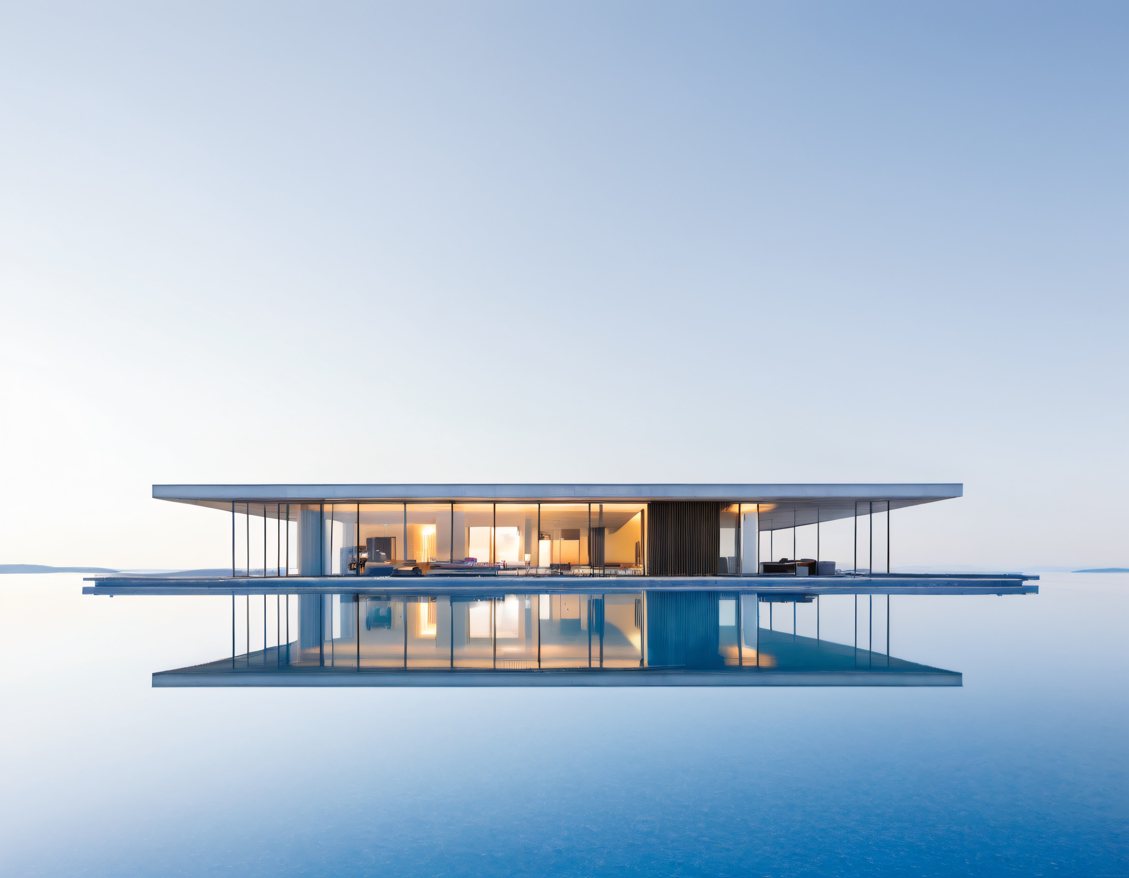 Sonsuz Havuzlu Suyun Üzerindeki Lüks Minimalist Cam Villa ve Gün Batımı