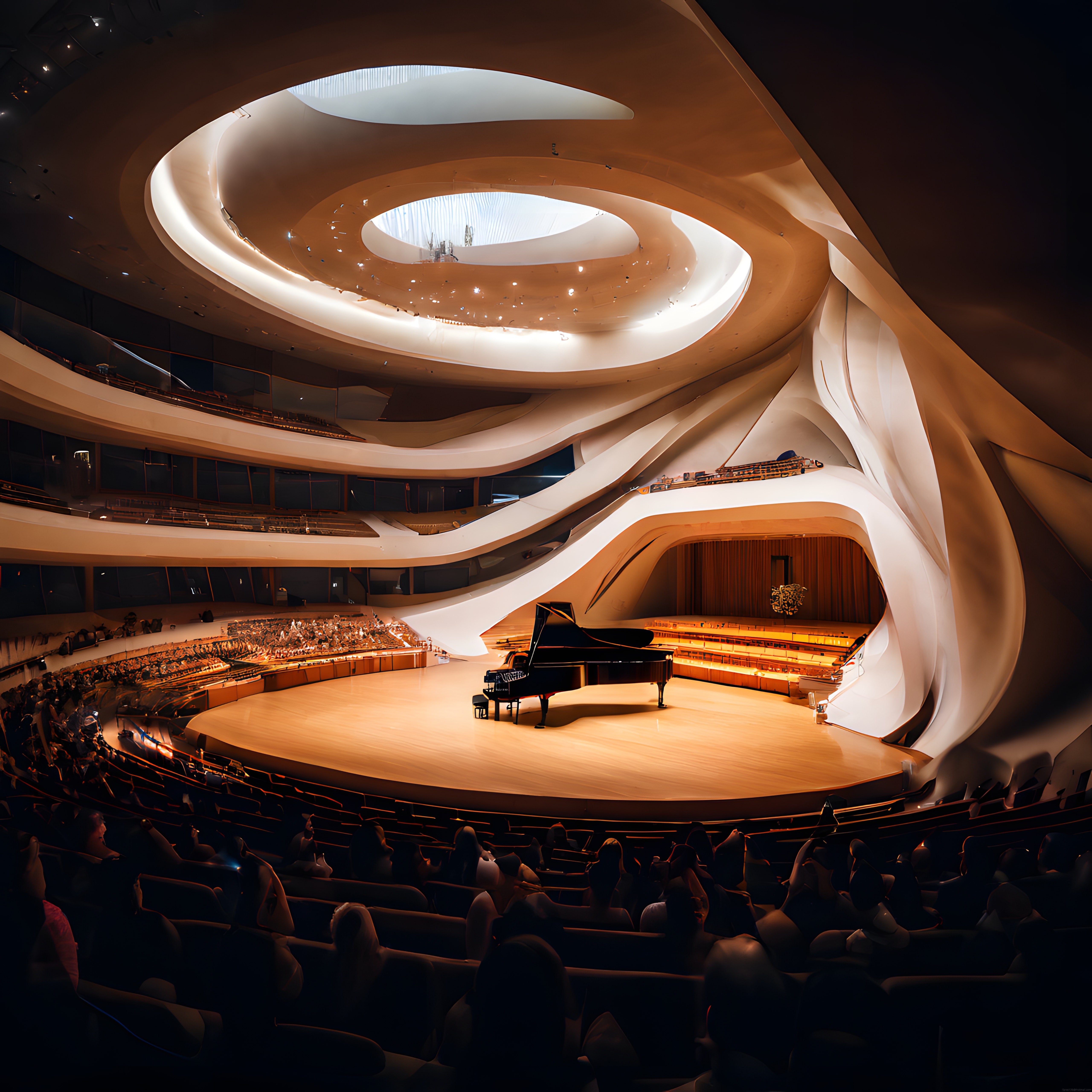 Sonsuz Kıvrımlı Modern Konser Salonunda Piyano ve Sıcak Işıklandırma