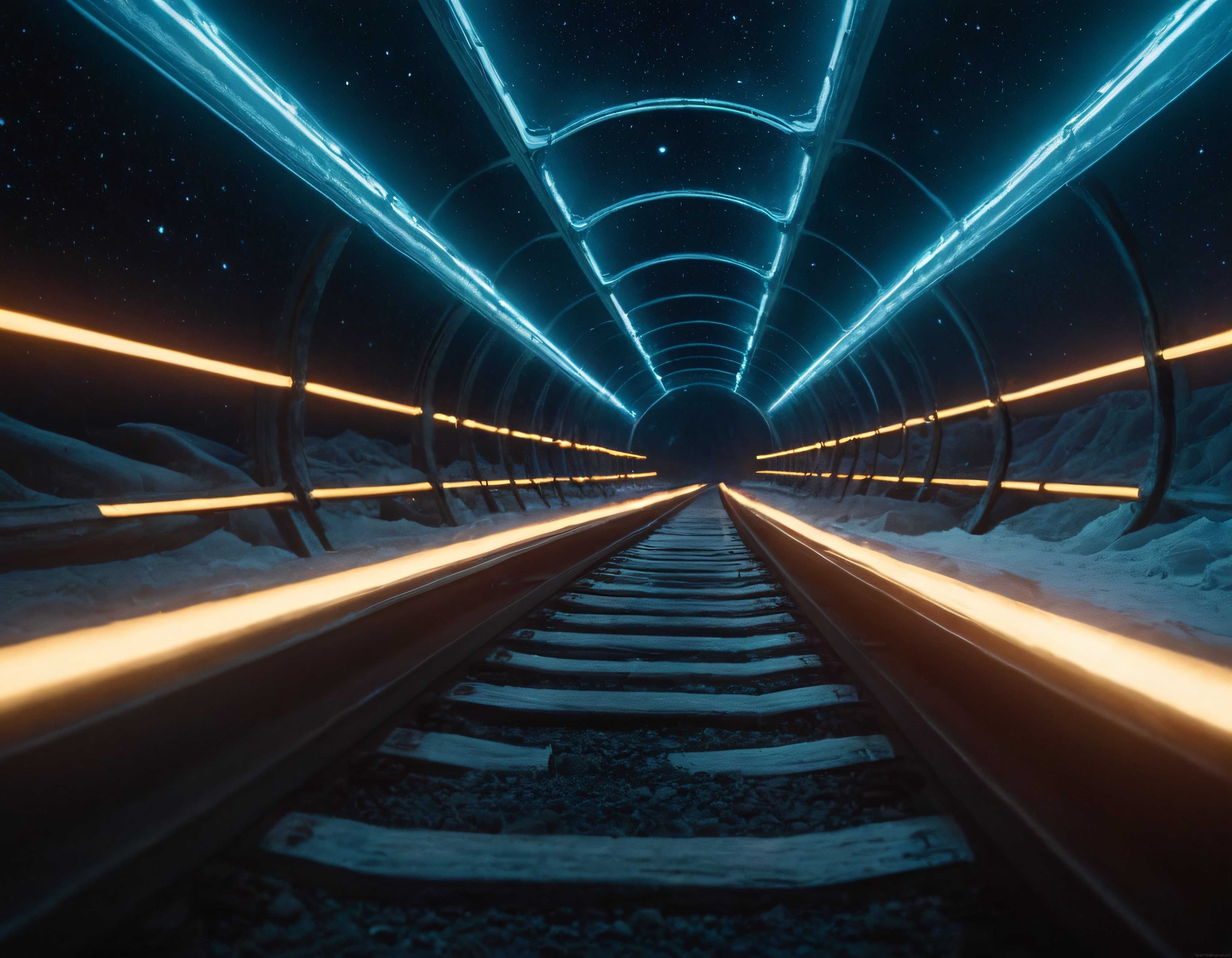 Sonsuz Uzay Tünelinde Neon Aydınlatmalı Karlı Tren Yolu Manzarası