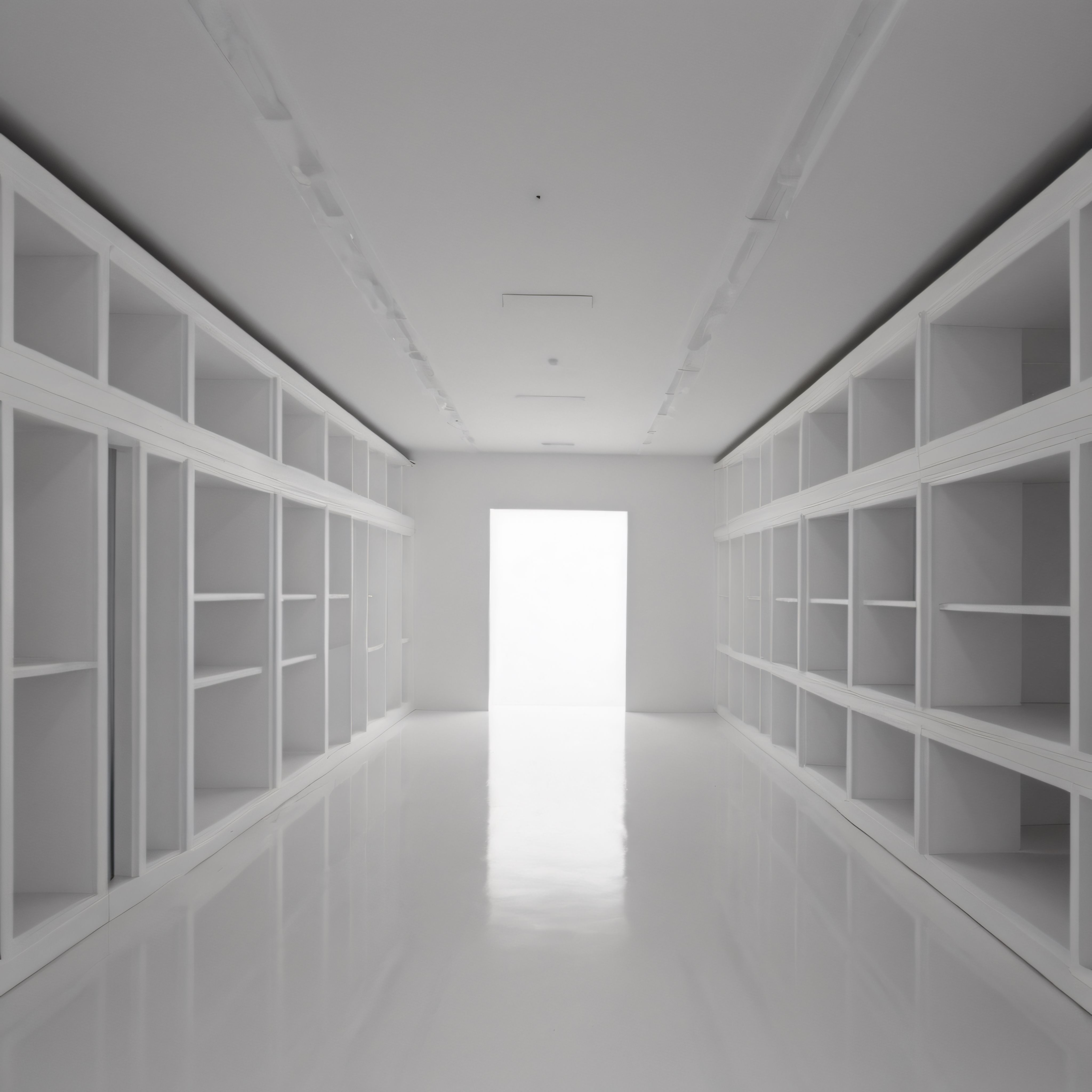 Sonu Parlak Işıkla Biten Beyaz Raflı Minimalist Bir İç Mekan ve Mimari Koridor