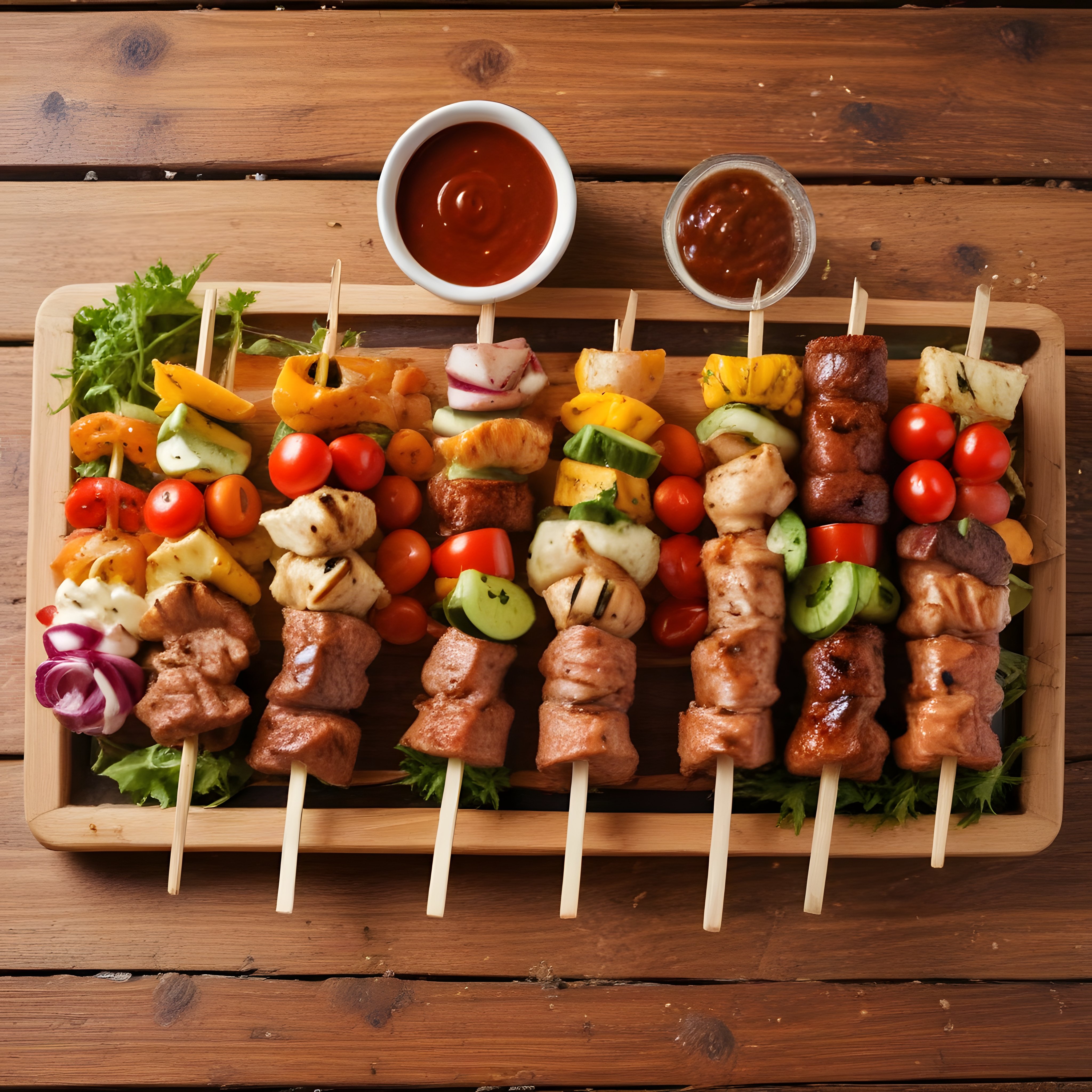 Sos Eşliğinde Ahşap Tepsi Üzerinde Şiş Kebap ve Sebze Izgara Sunumu