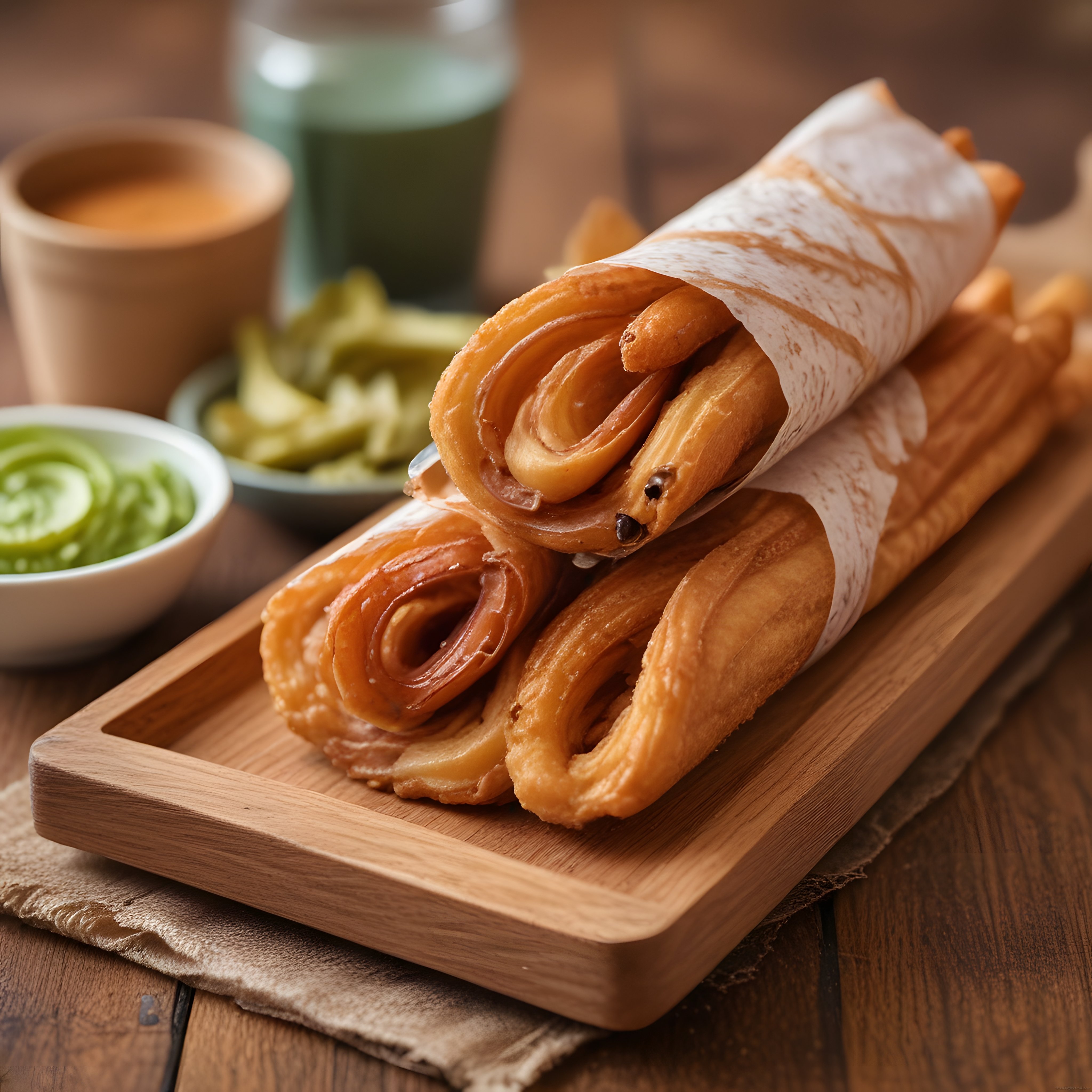 Sos Kâseleri Eşliğinde Ahşap Tepsi Üzerinde Çıtır Churros Keyfi