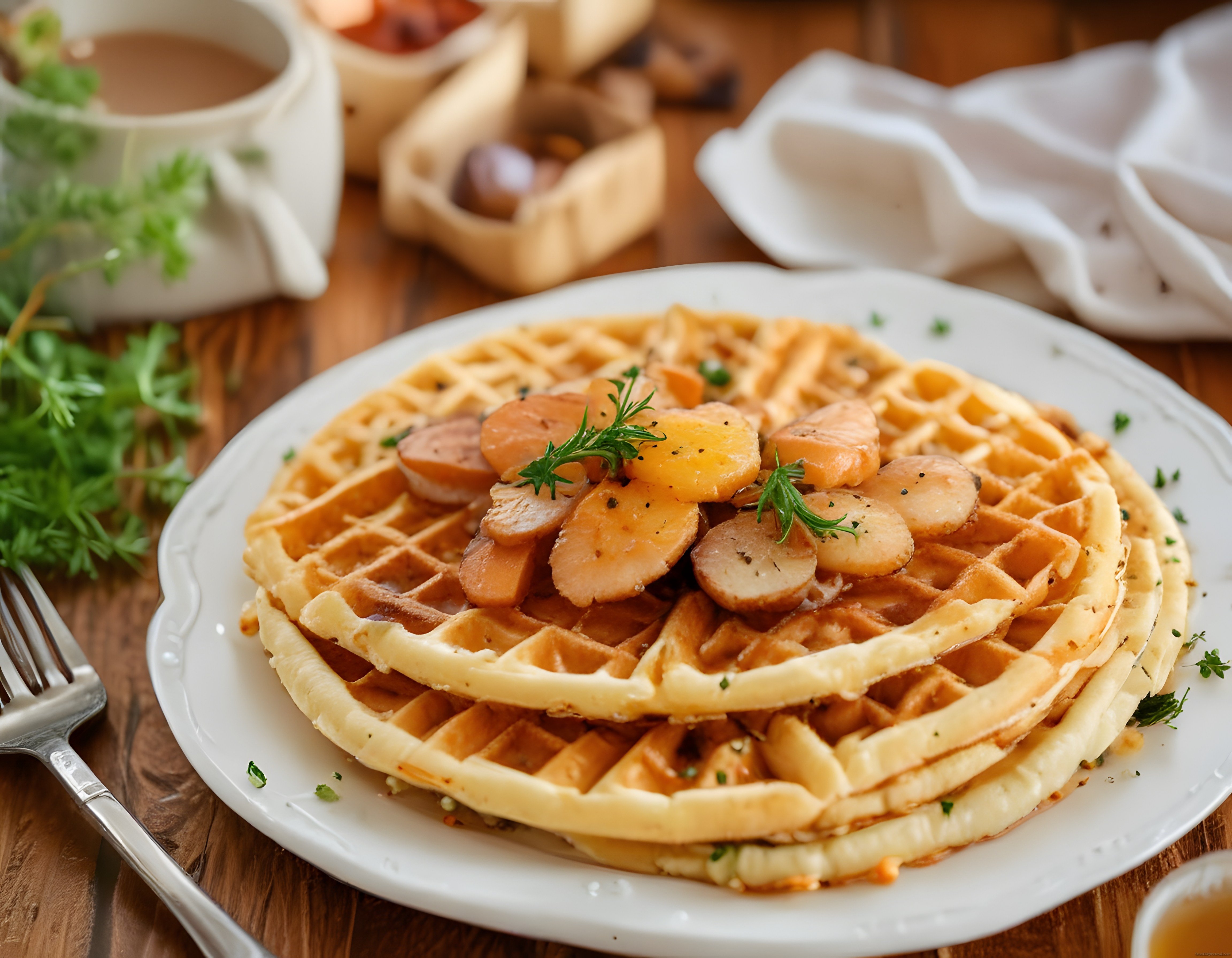Sosis ve Portakal ile Süslenmiş Ev Yapımı Waffle Kahvaltı Sunumu