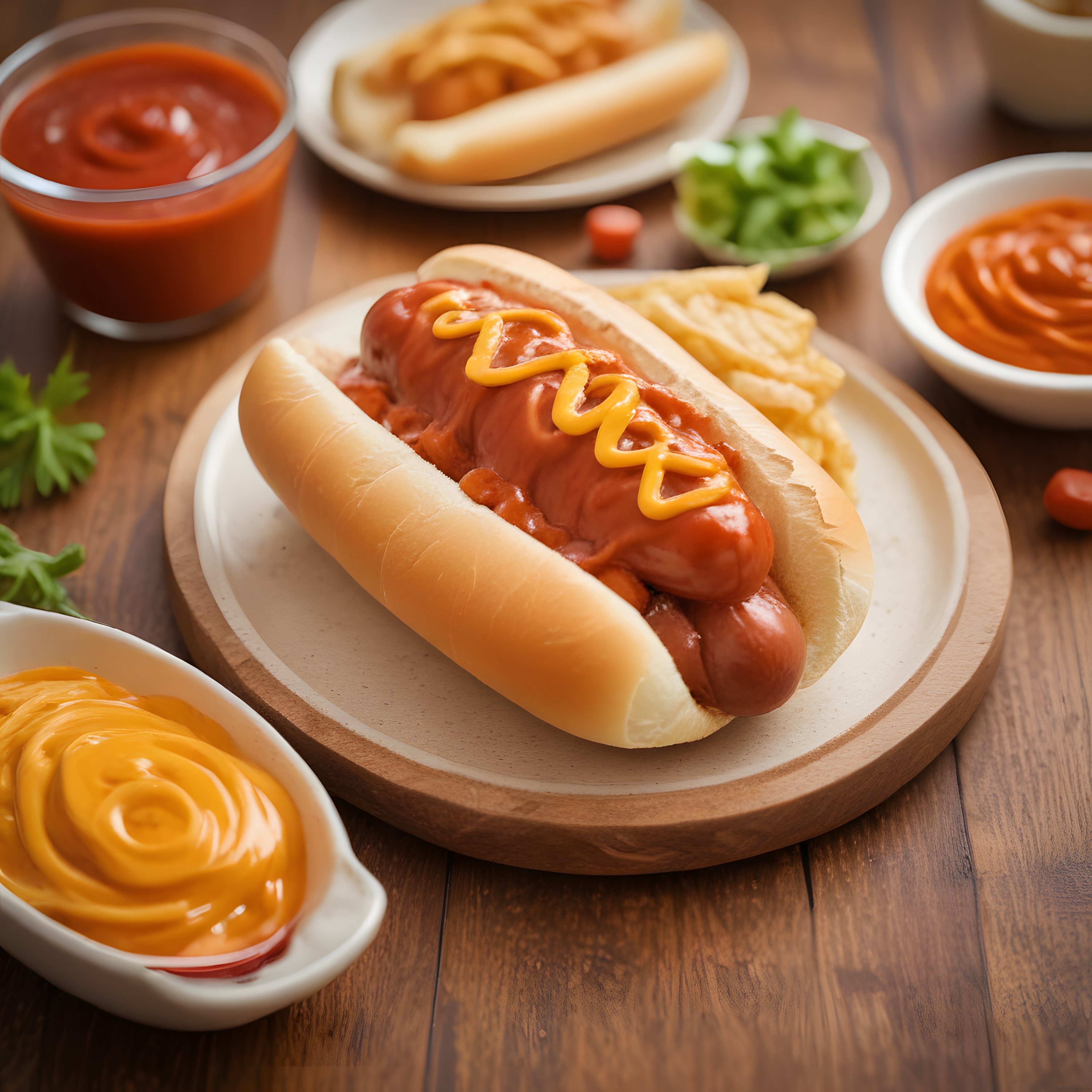 Soslarla Süslenmiş Amerikan Stili Hot Dog ve Patates Kızartması Tabağı
