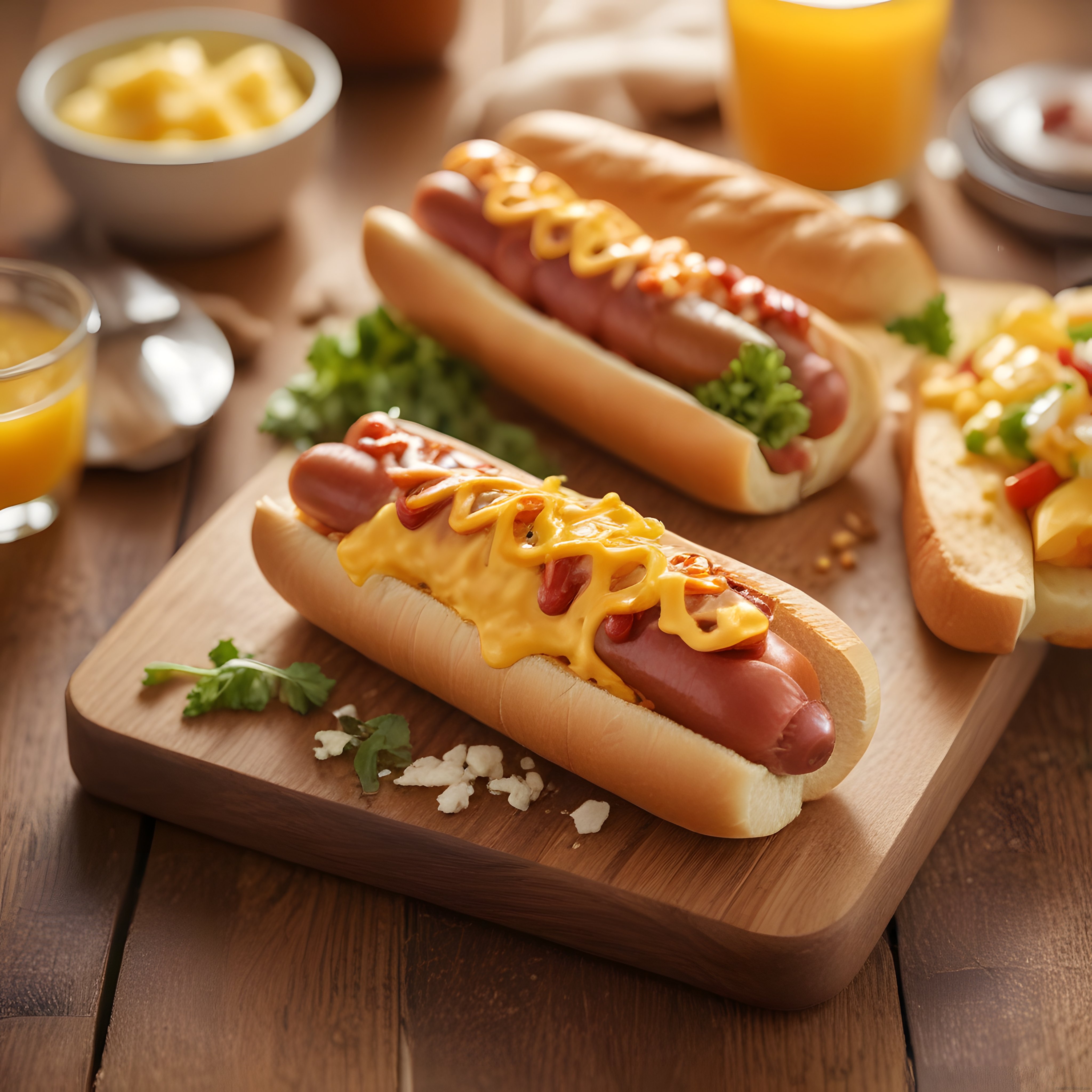 Soslu Hot Dog ve Taze Sıkılmış Portakal Suyu ile Lezzetli Kahvaltı Sunumu