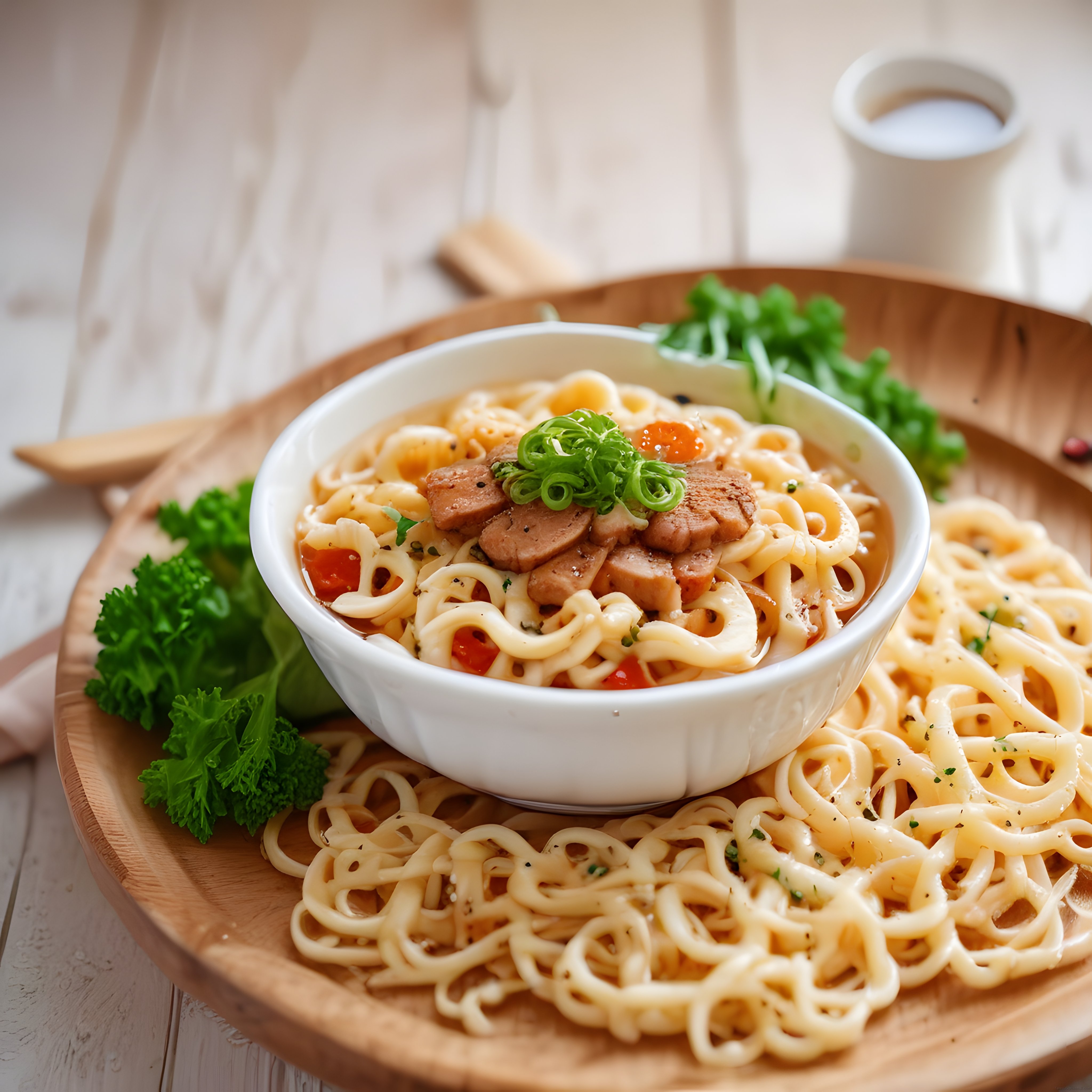 Soslu Noodle ve Et Dilimleriyle Ahşap Sunumda Lezzetli Makarna