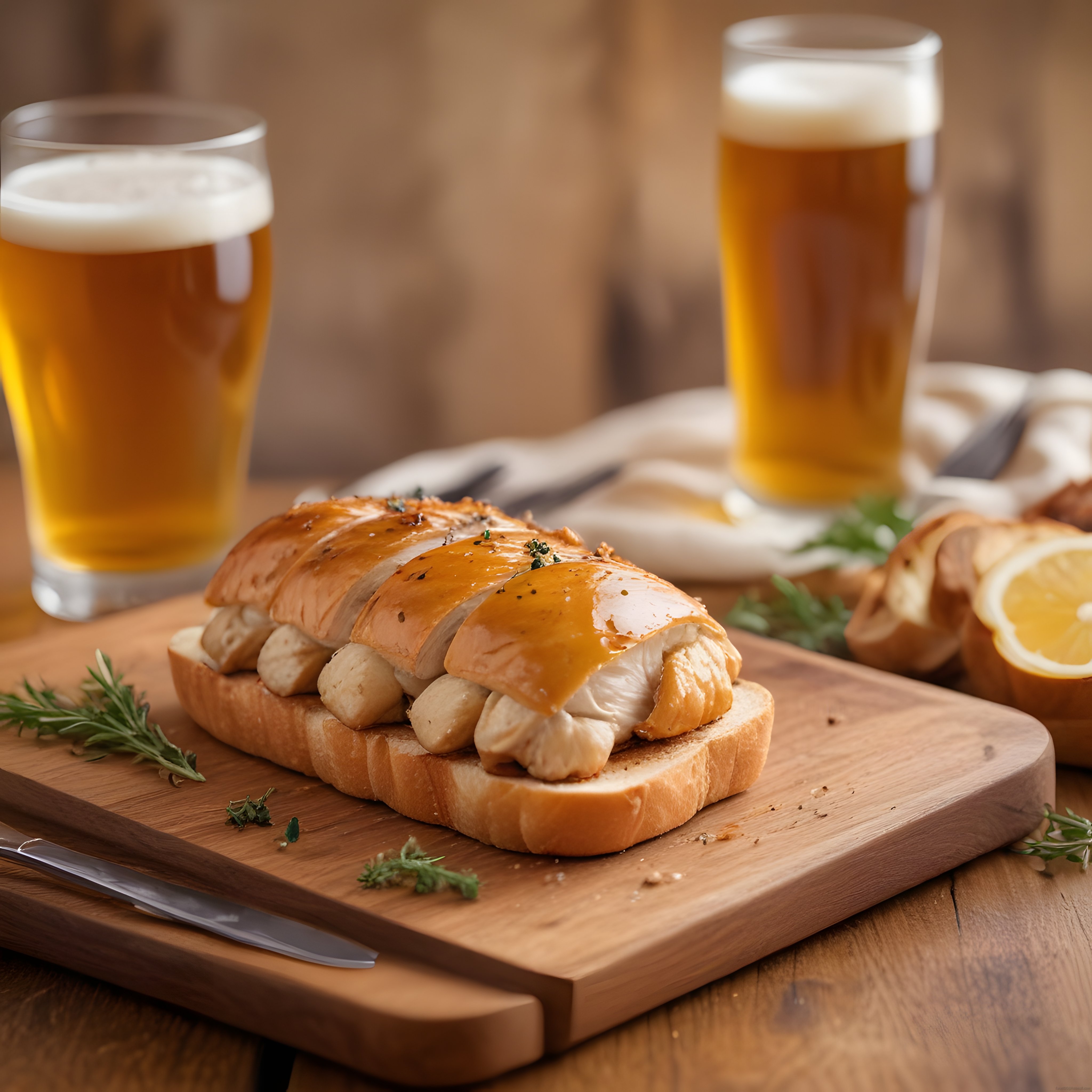 Soslu Tavuk Göğsü ve Arpacık Soğanlı Ekmek Üzeri Sunum, Bira Eşliğinde