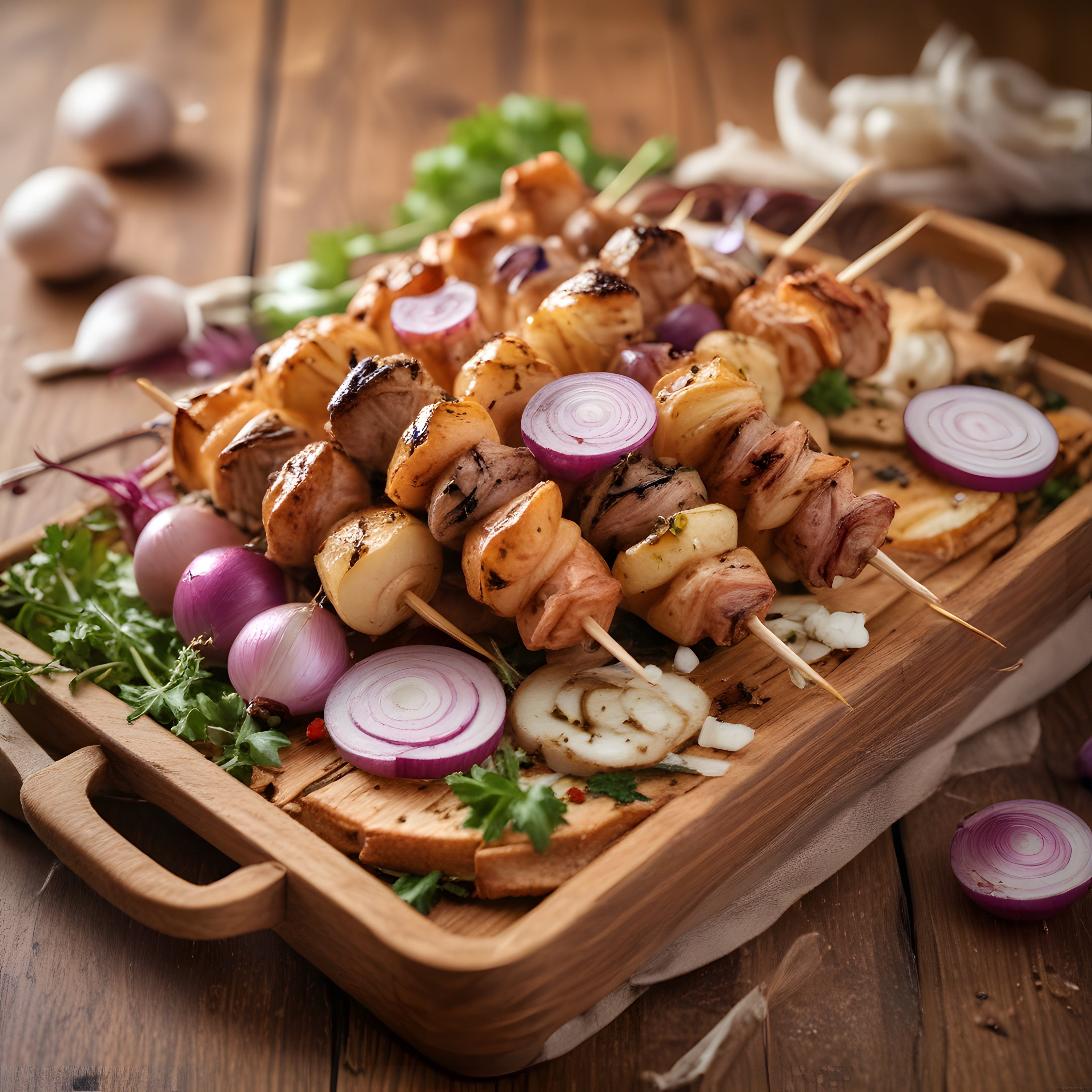 Soslu Tavuk Şiş Kebabı ve Közlenmiş Sebzelerle Şık Ahşap Sunum Tepsi
