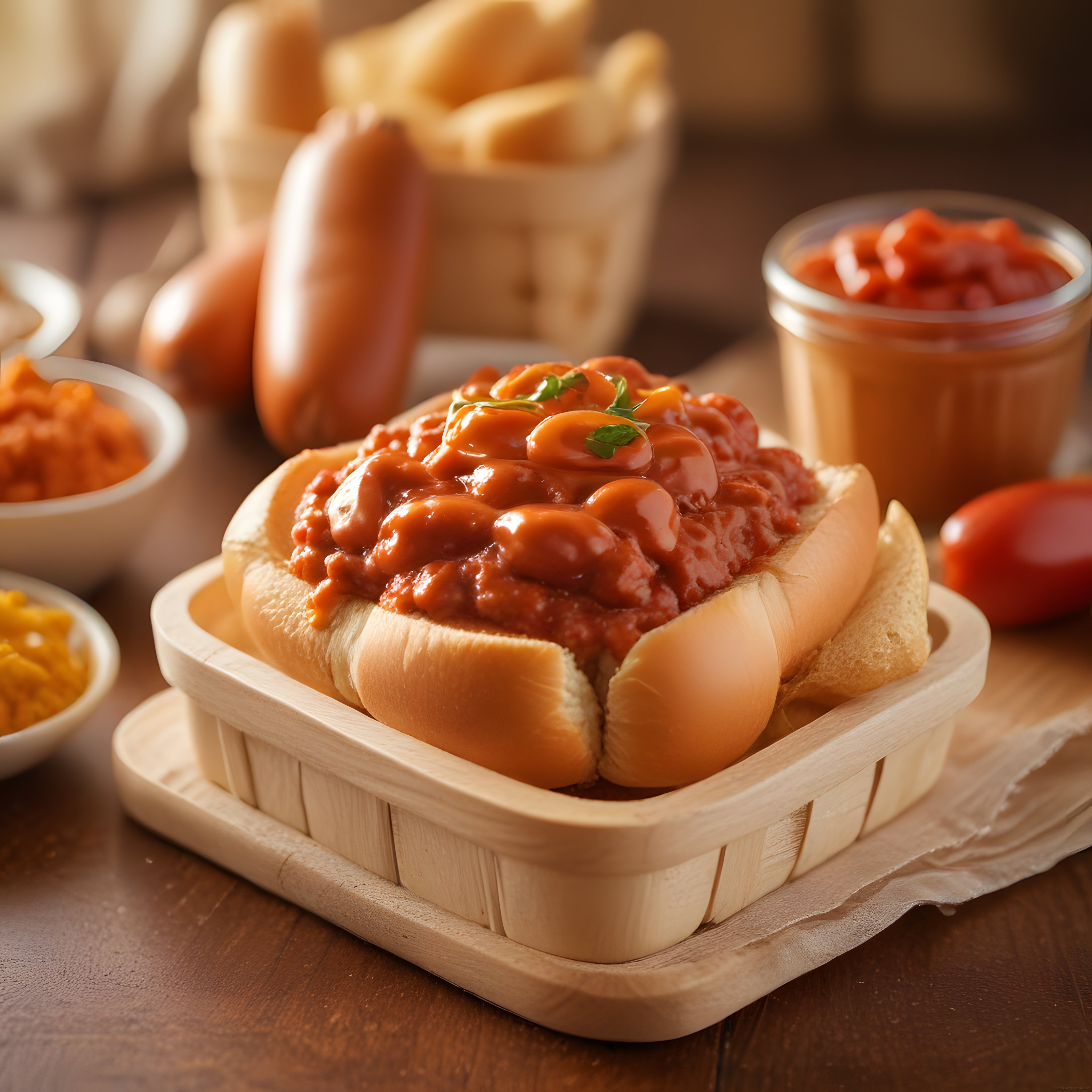 Soslu ve Fasulyeli Chili Dog: Ahşap Sunumda Lezzetli Sokak Yemeği