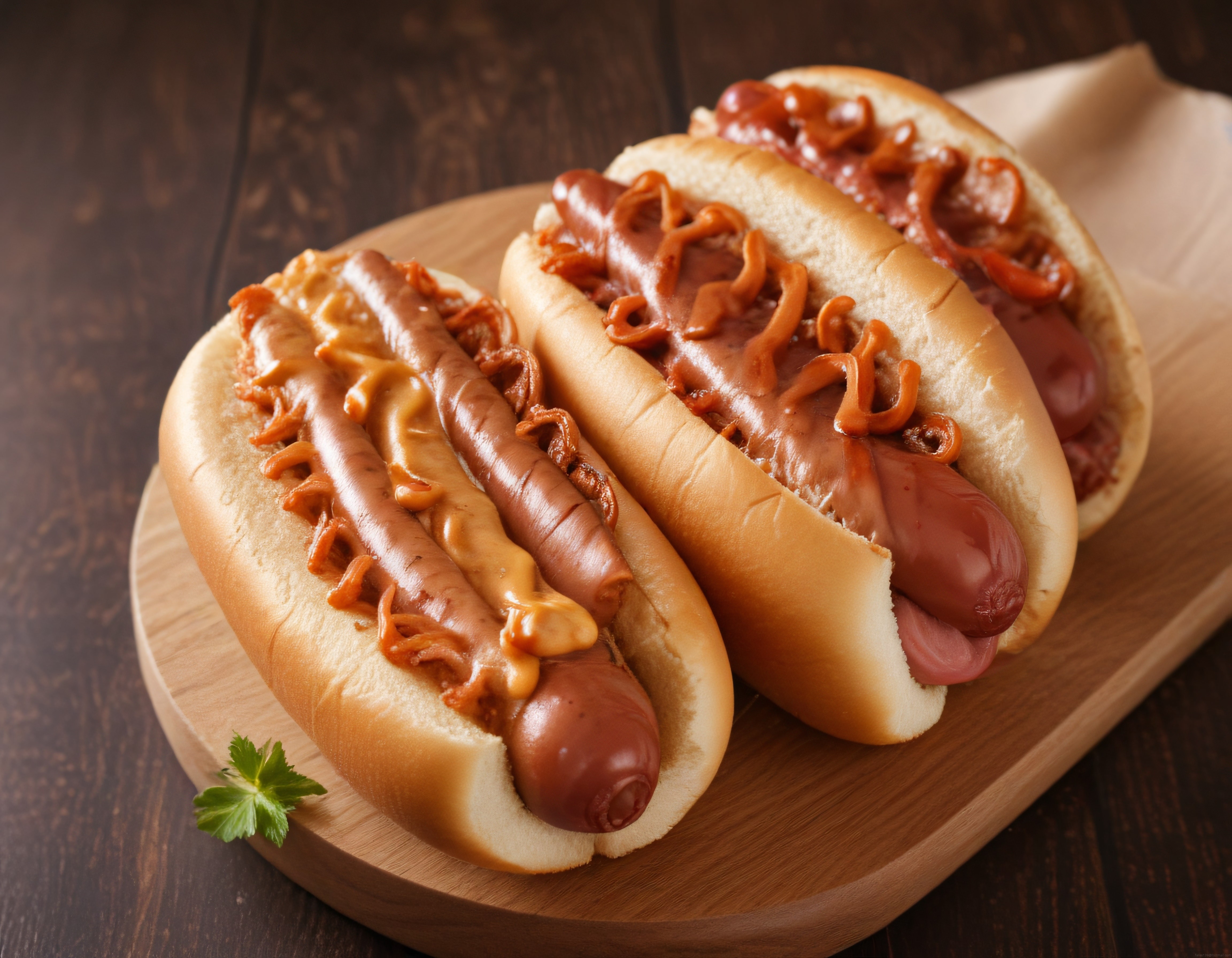 Soslu ve Kızarmış Soğanlı Hot Dog Trio: Ahşap Sunumda Sokak Lezzeti