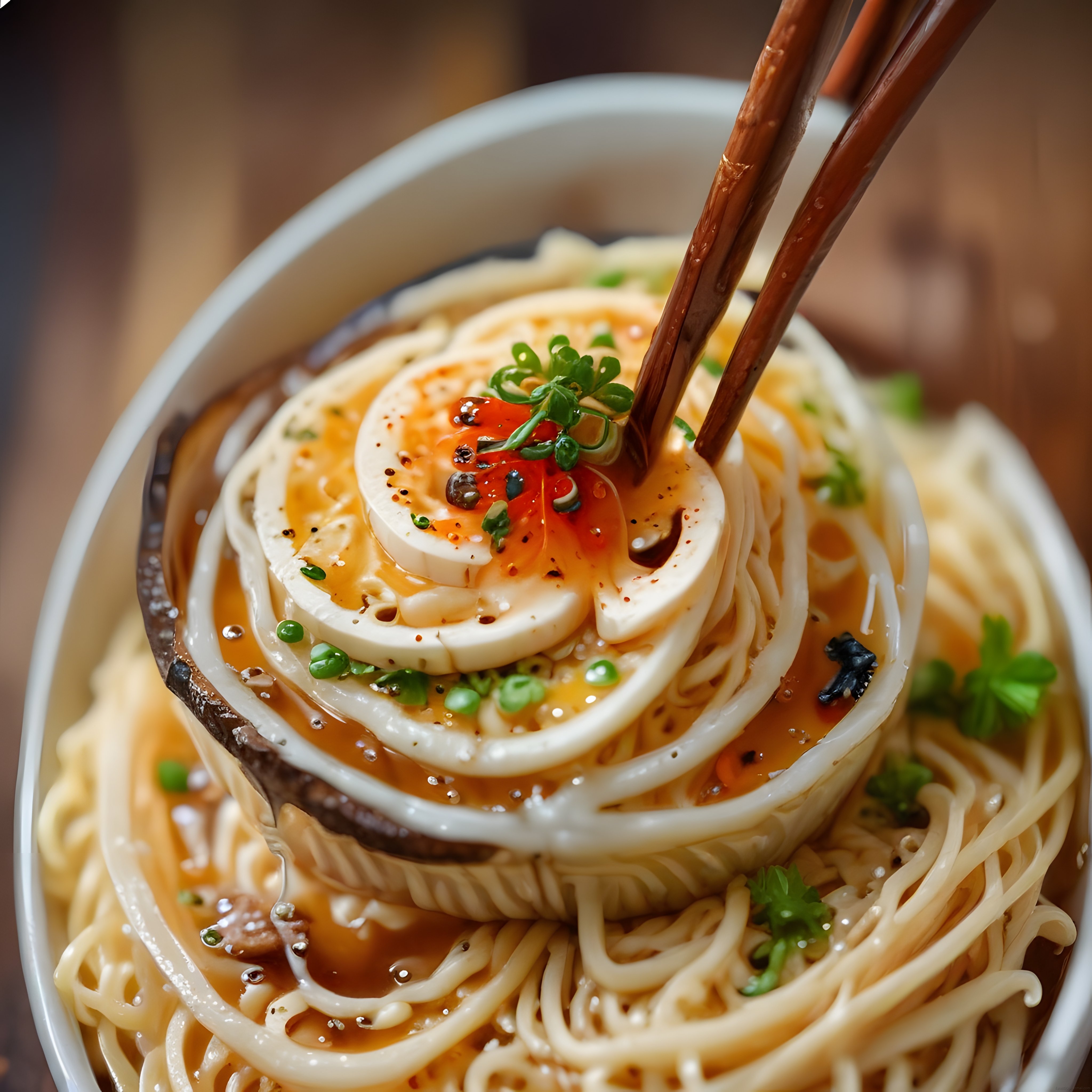 Soslu Yumurta ve Mantarlı Geleneksel Japon Ramen Kasesi Makro Çekim
