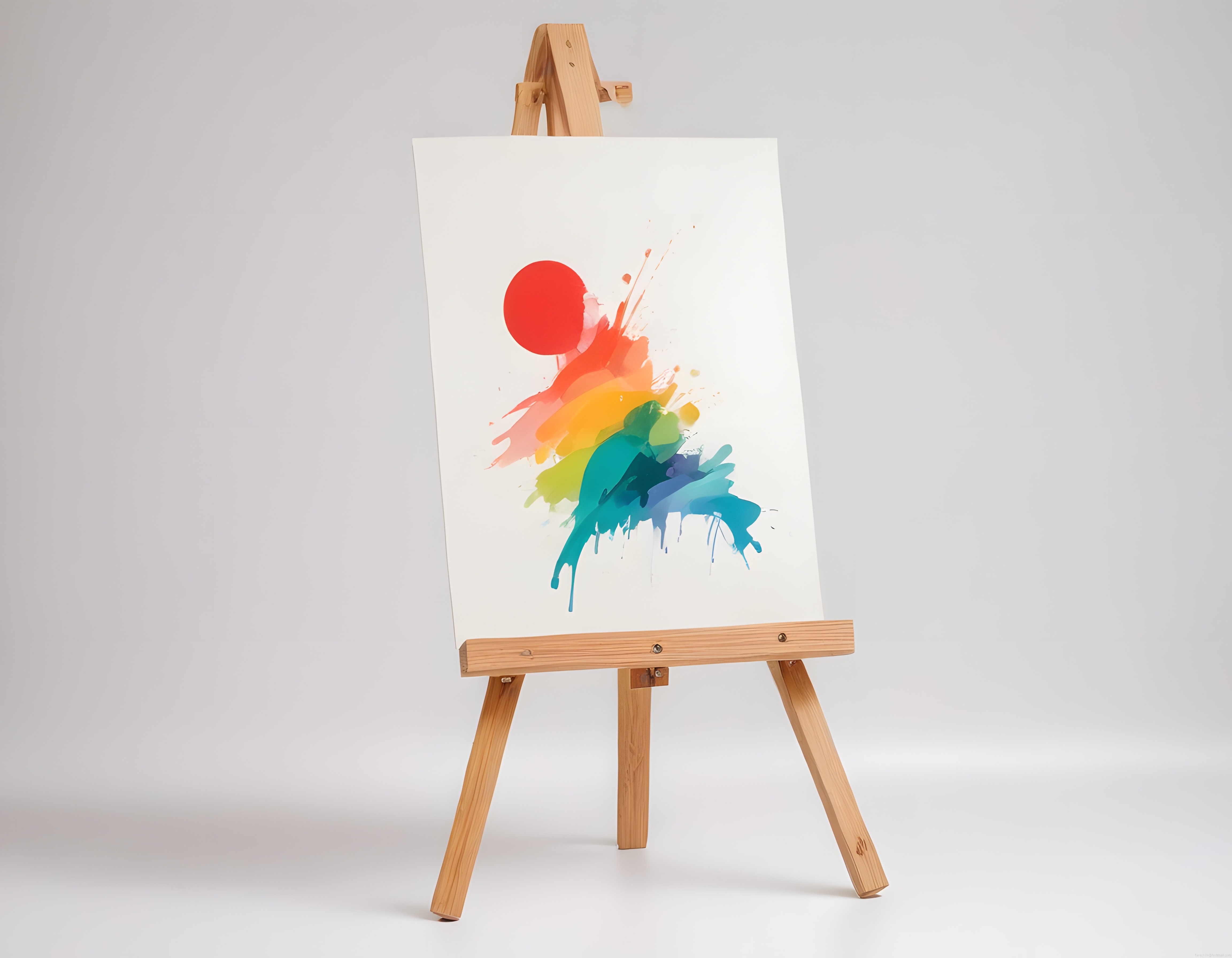 Şövale üzerinde gökkuşağı renklerinde soyut suluboya sanat eseri