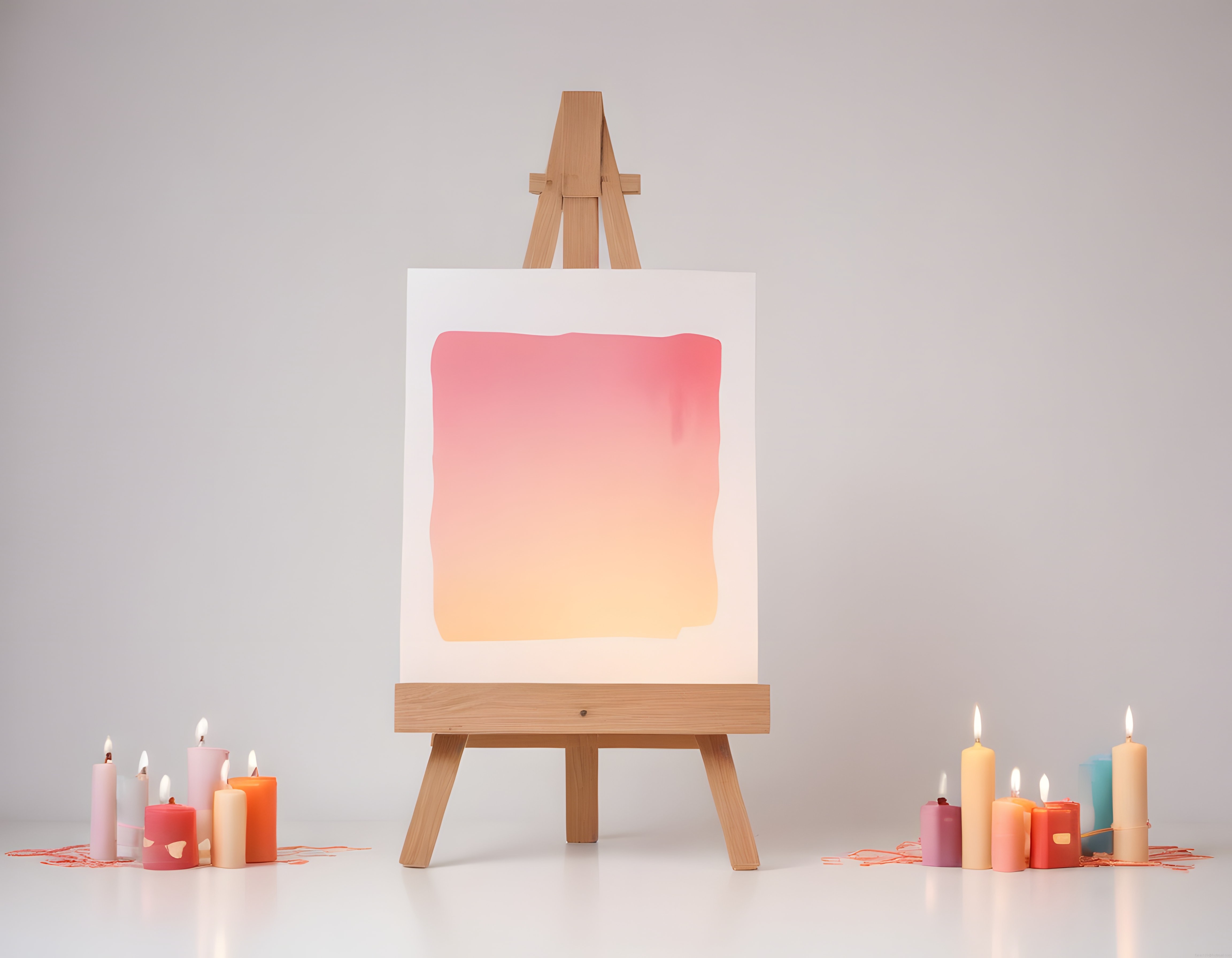 Şövale üzerinde gradyan soyut tuval ve pastel tonlarda dekoratif mumlar