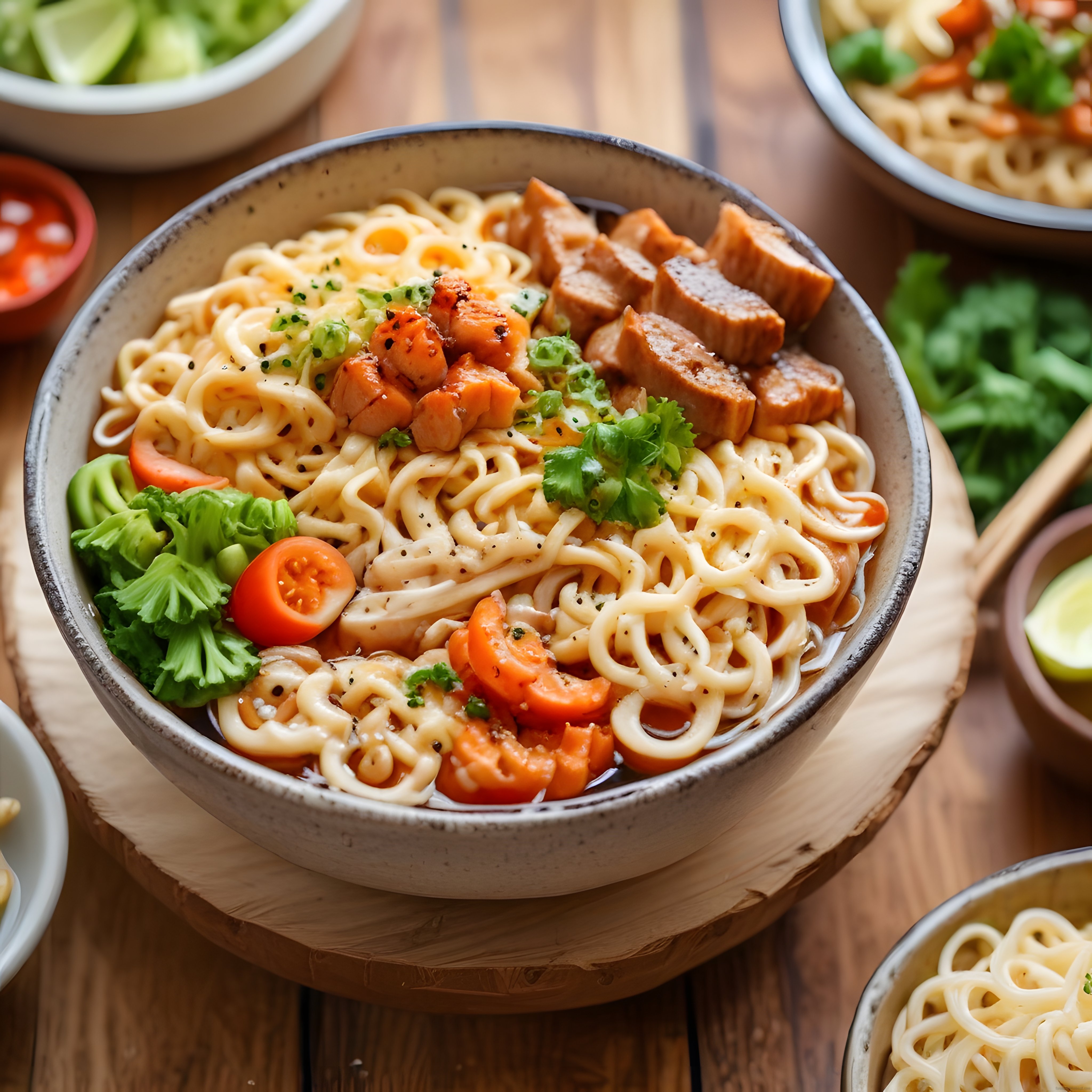 Soya Soslu Etli Noodle Kasesi Brokoli ve Domates ile Asya Mutfağı Sunumu