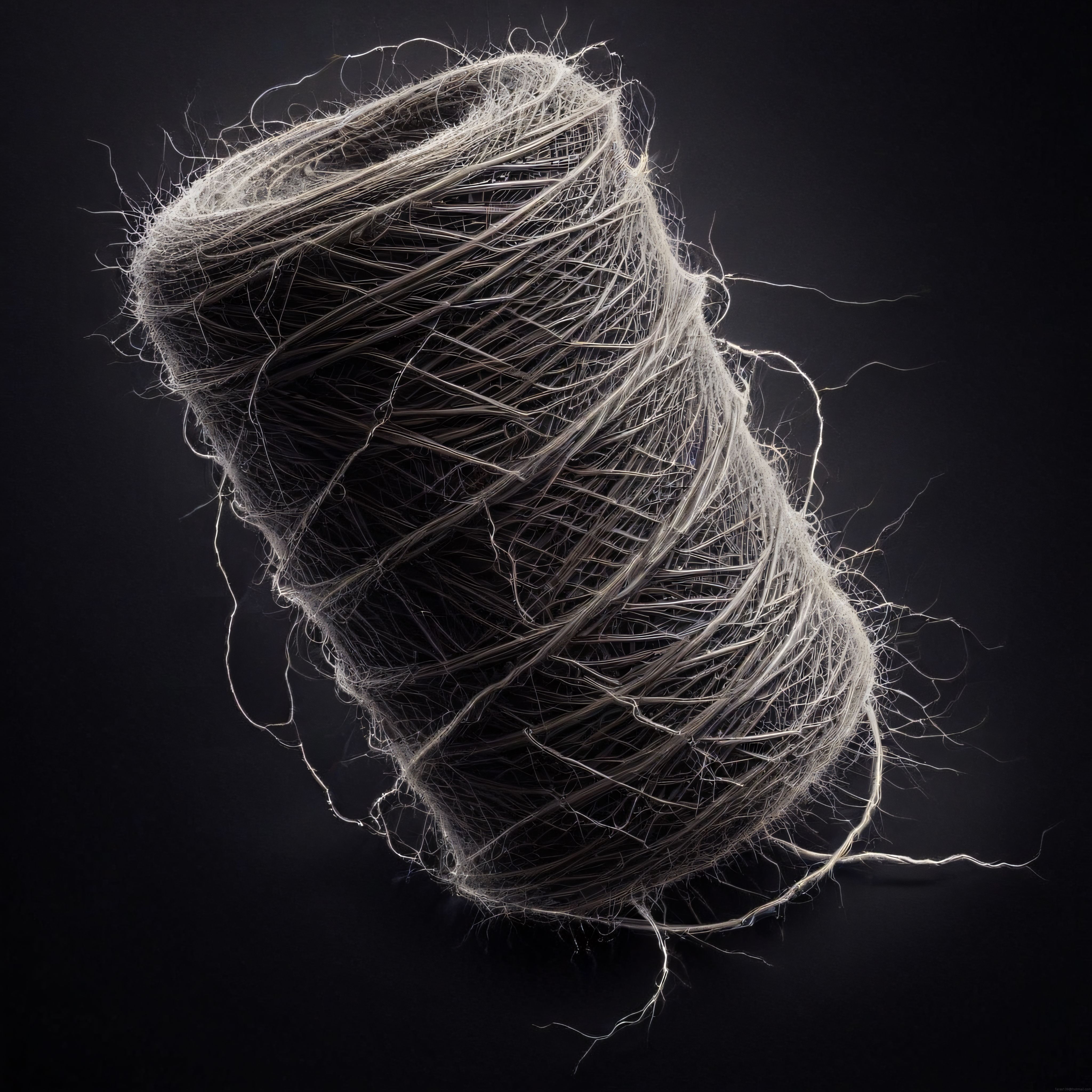 Soyut Beyaz Lif Tornado: Siyah Arka Planda Sarmal Dijital Heykel ve Fiber Sanat