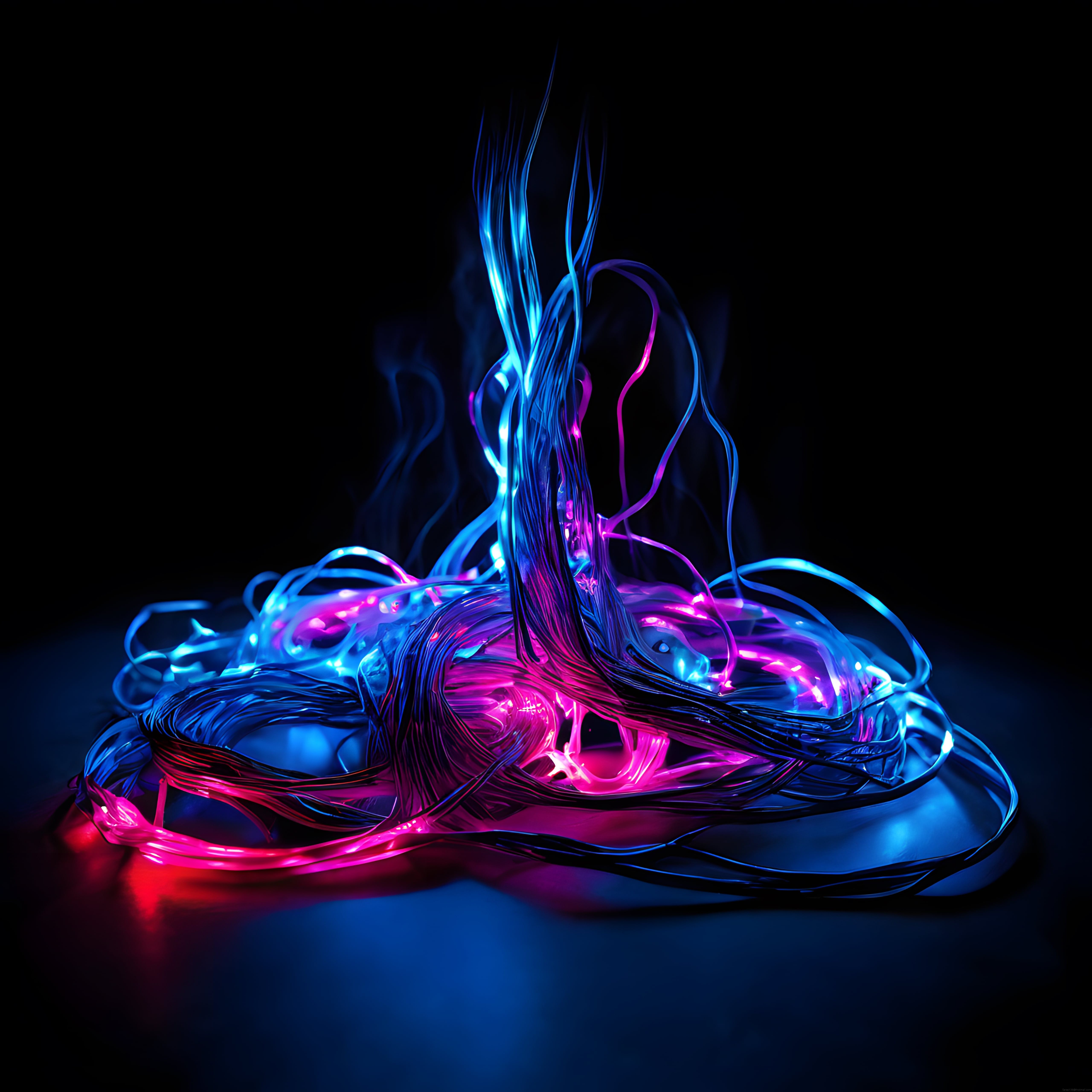 Soyut Biyoluminesans Kökler: Neon Mavi ve Pembe Işıltılı Dijital Sanat Eseri