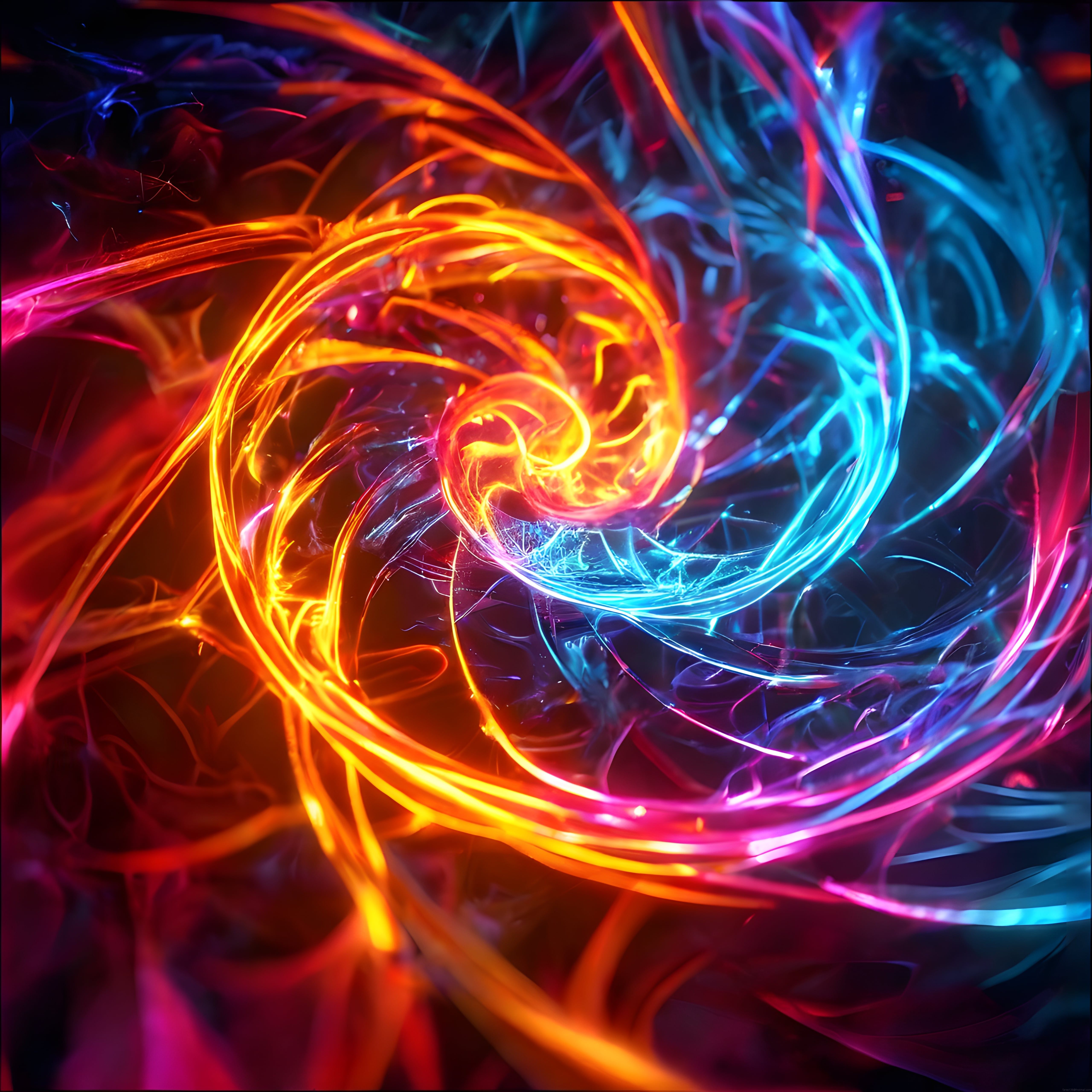 Soyut Dijital Sanat: Neon Işık Sarmalı ve Renkli Enerji Dalgaları