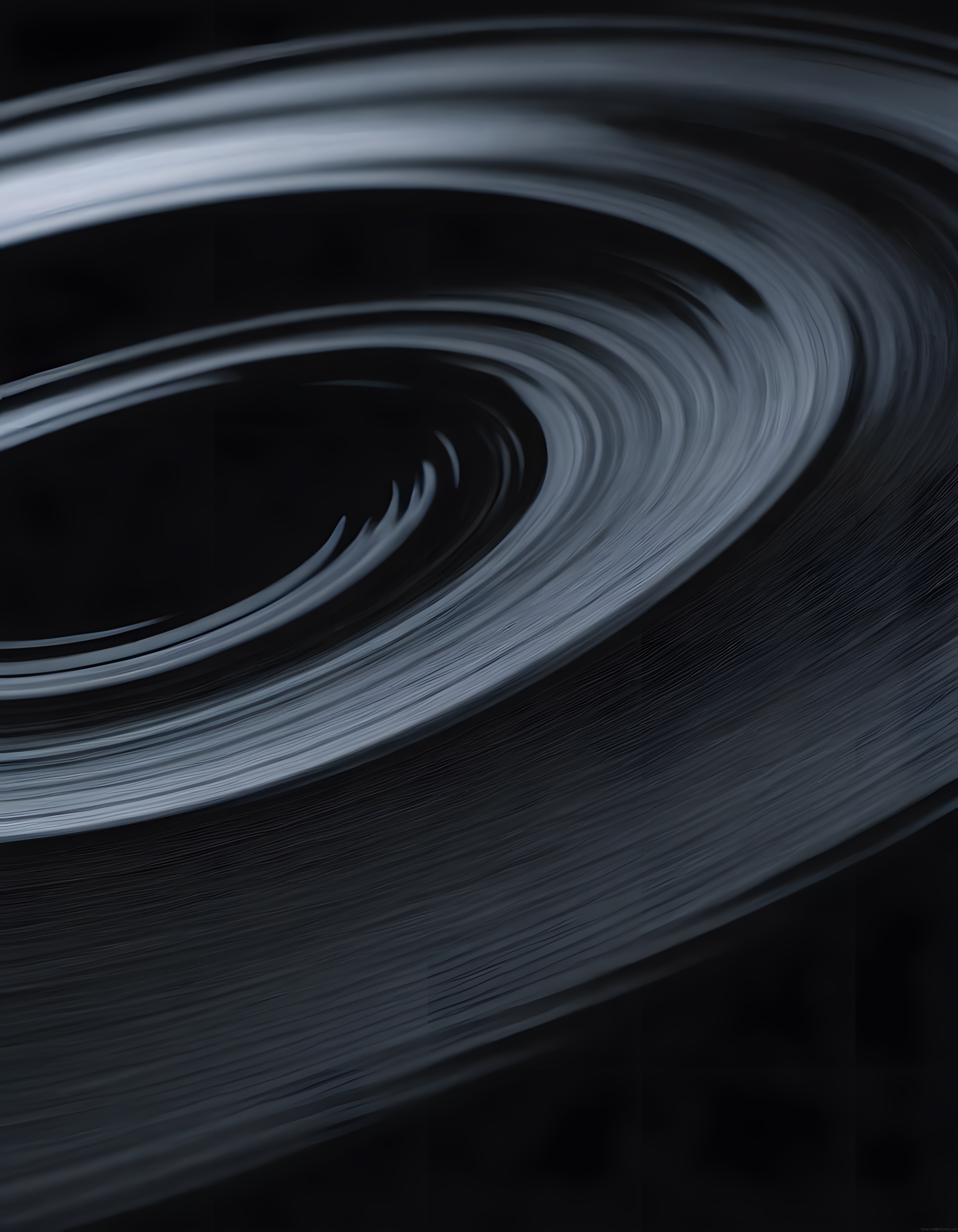 Soyut Dijital Sanat: Siyah Zeminde Gümüşi Dönen Işıklı Spiral İplik Formları