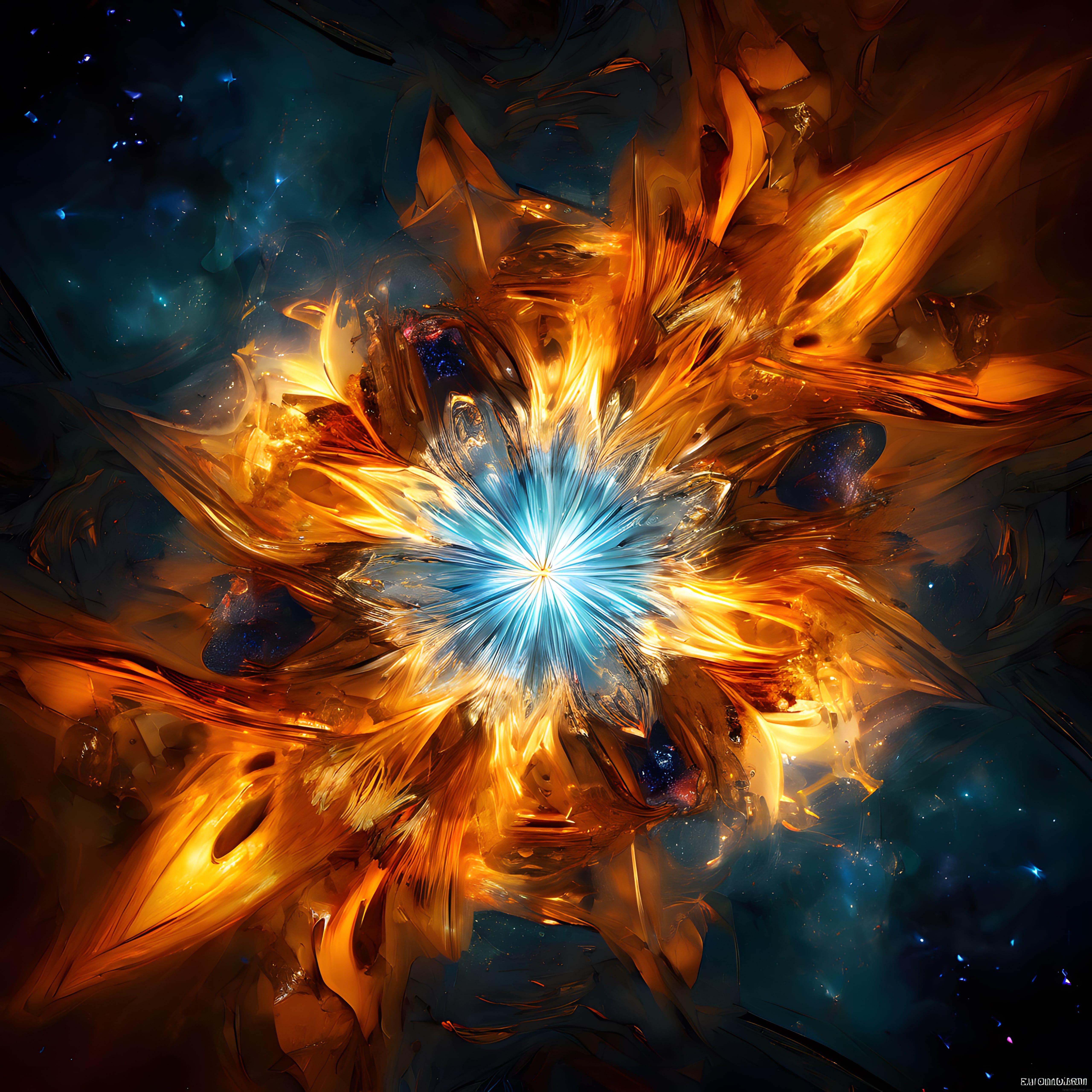 Soyut Dijital Sanat: Turuncu ve Mavi Tonlarda Parlayan Kristal Nebula Patlaması